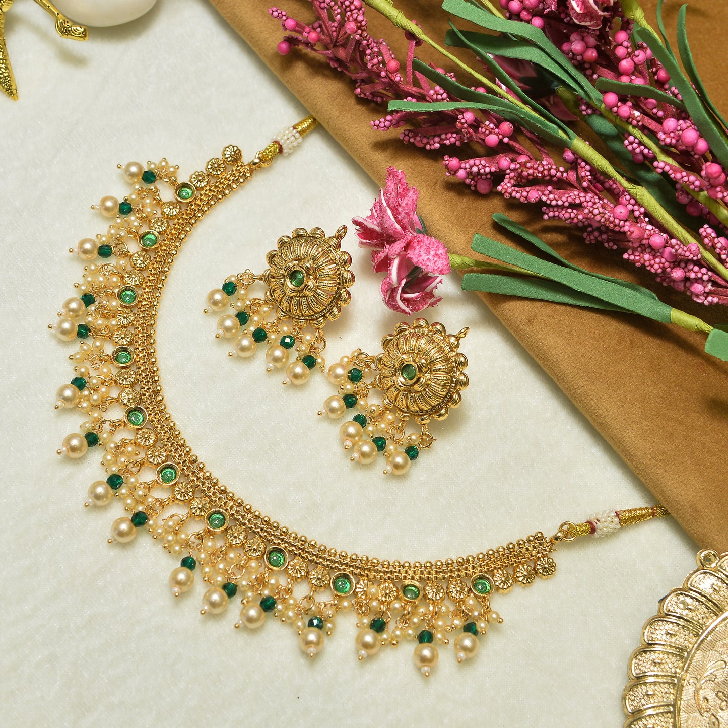 Aanura Gold-Plated Pearl & Green Stone Choker Set