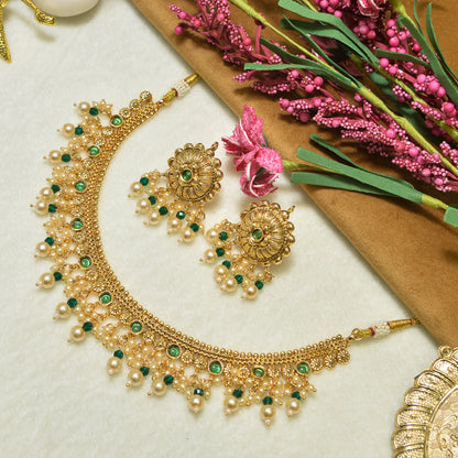Aanura Gold-Plated Pearl & Green Stone Choker Set