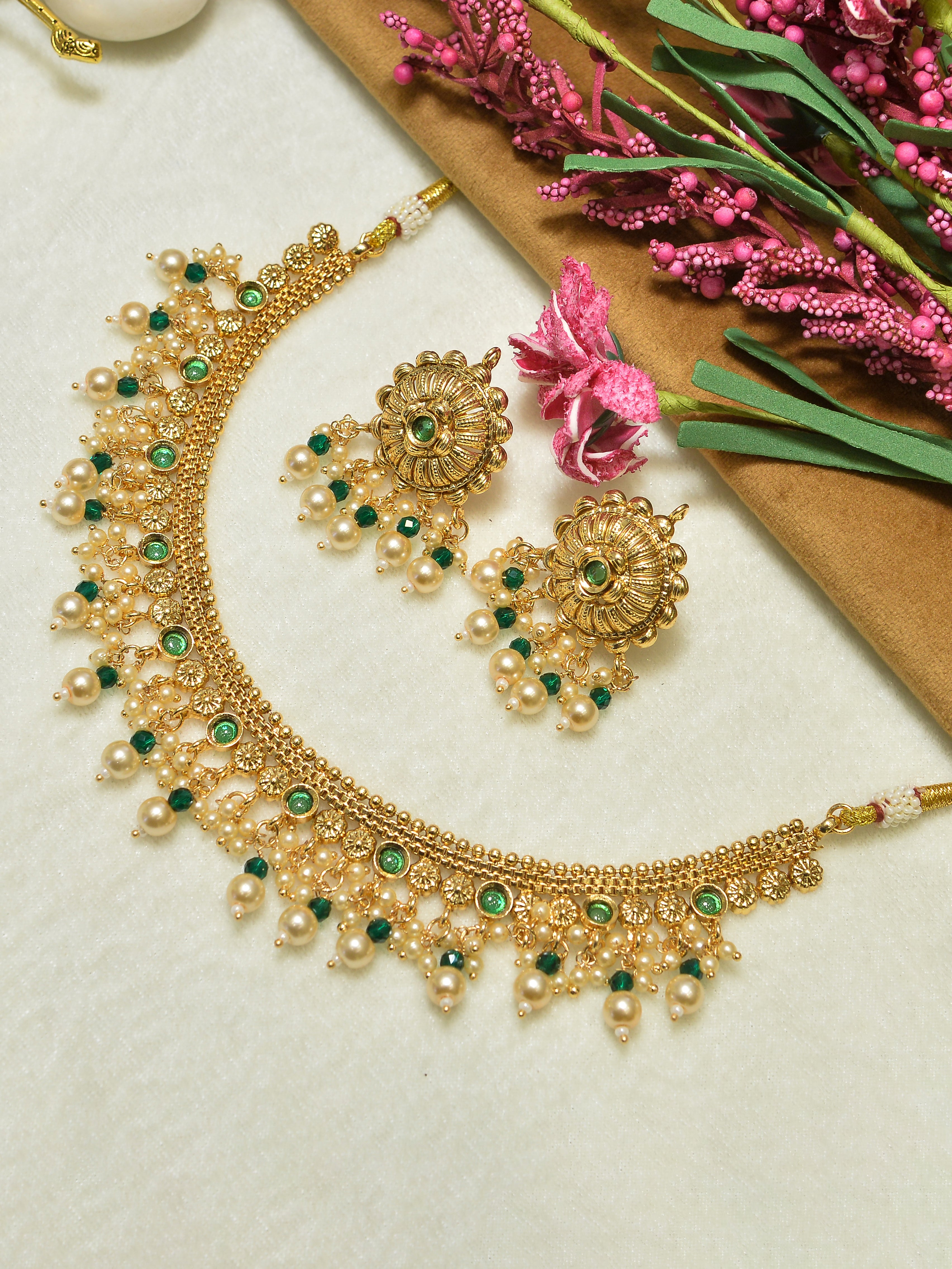Aanura Gold-Plated Pearl & Green Stone Choker Set