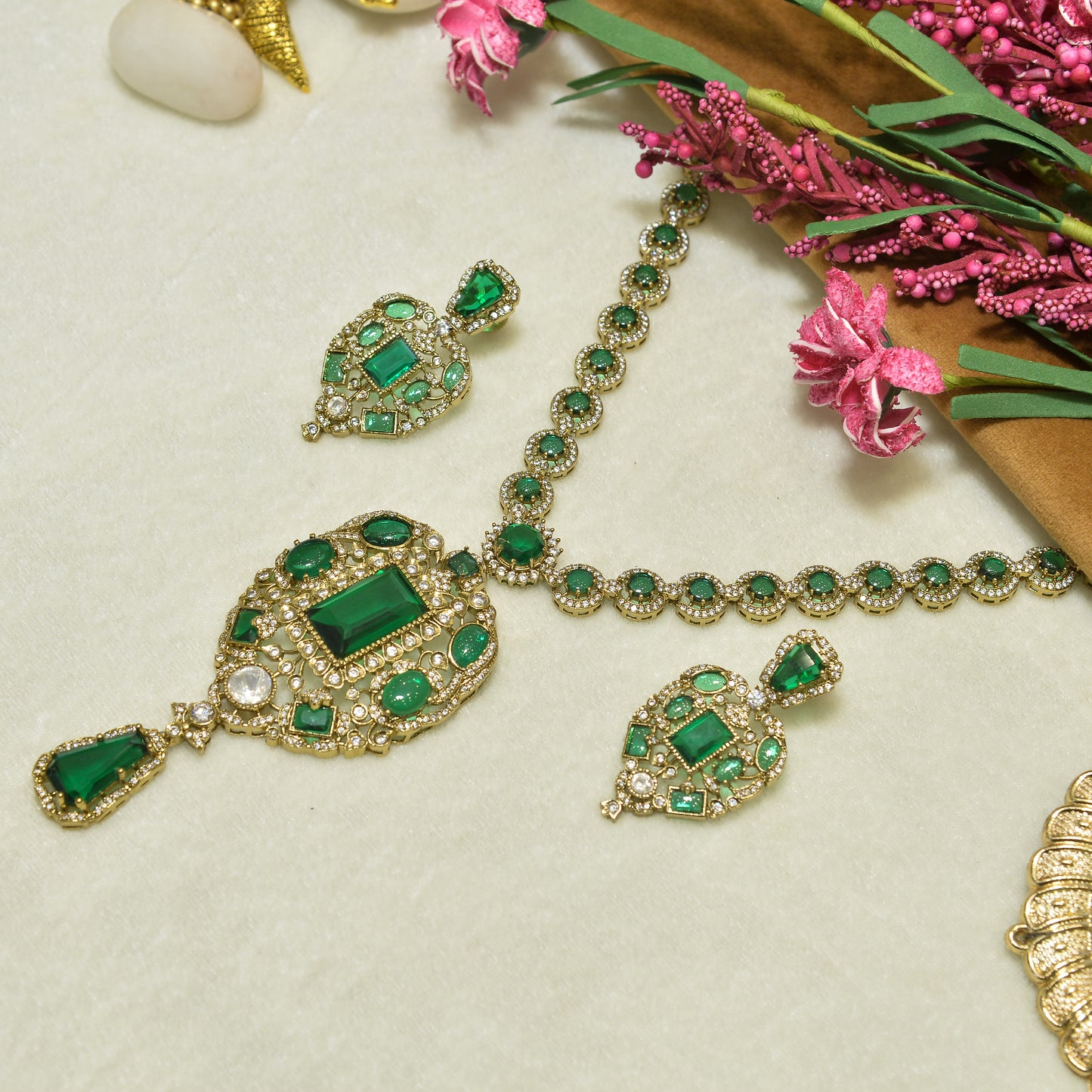 Aanura Red Stone Antique Kundan Necklace & Earrings