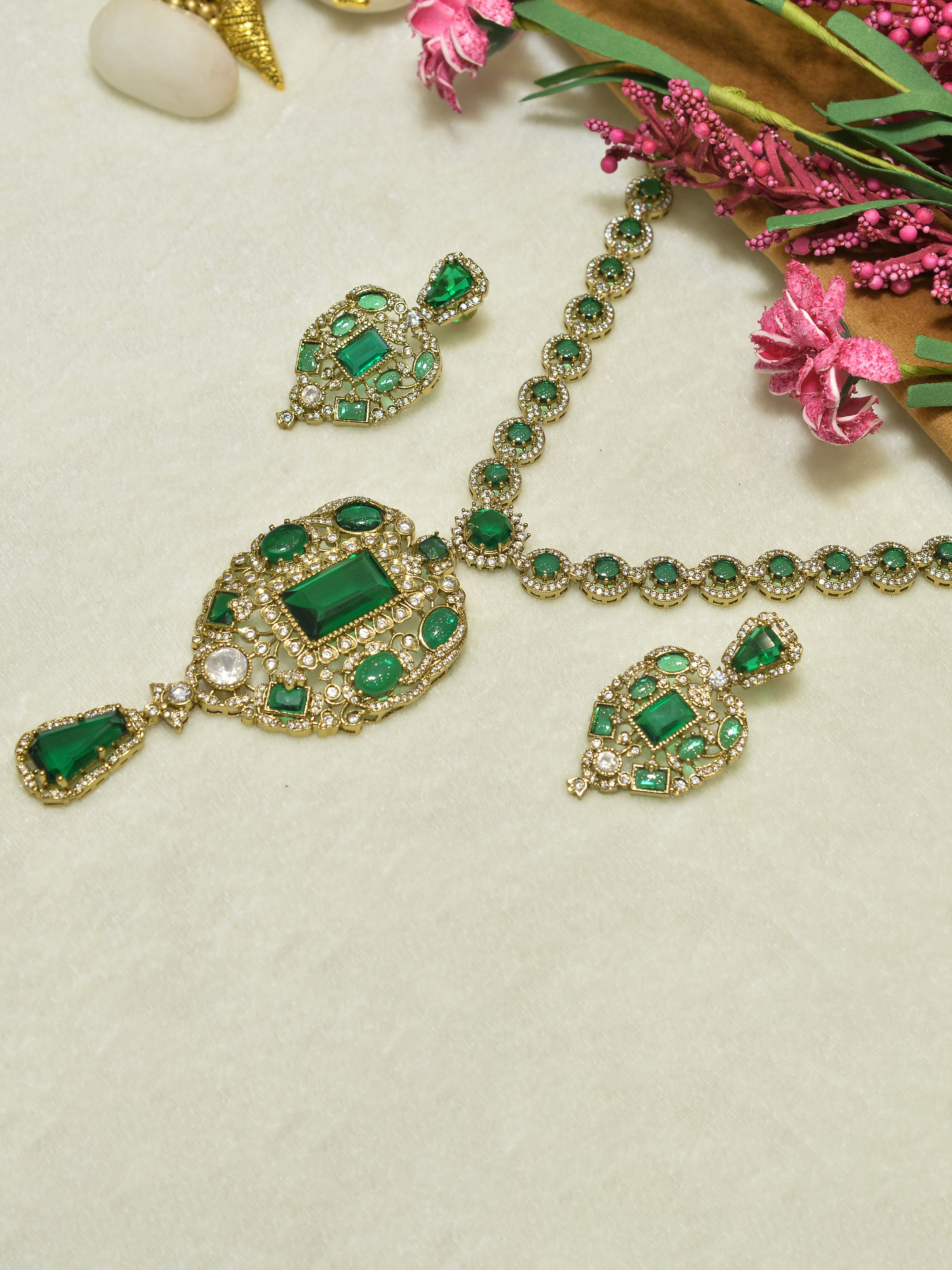 Aanura Red Stone Antique Kundan Necklace & Earrings