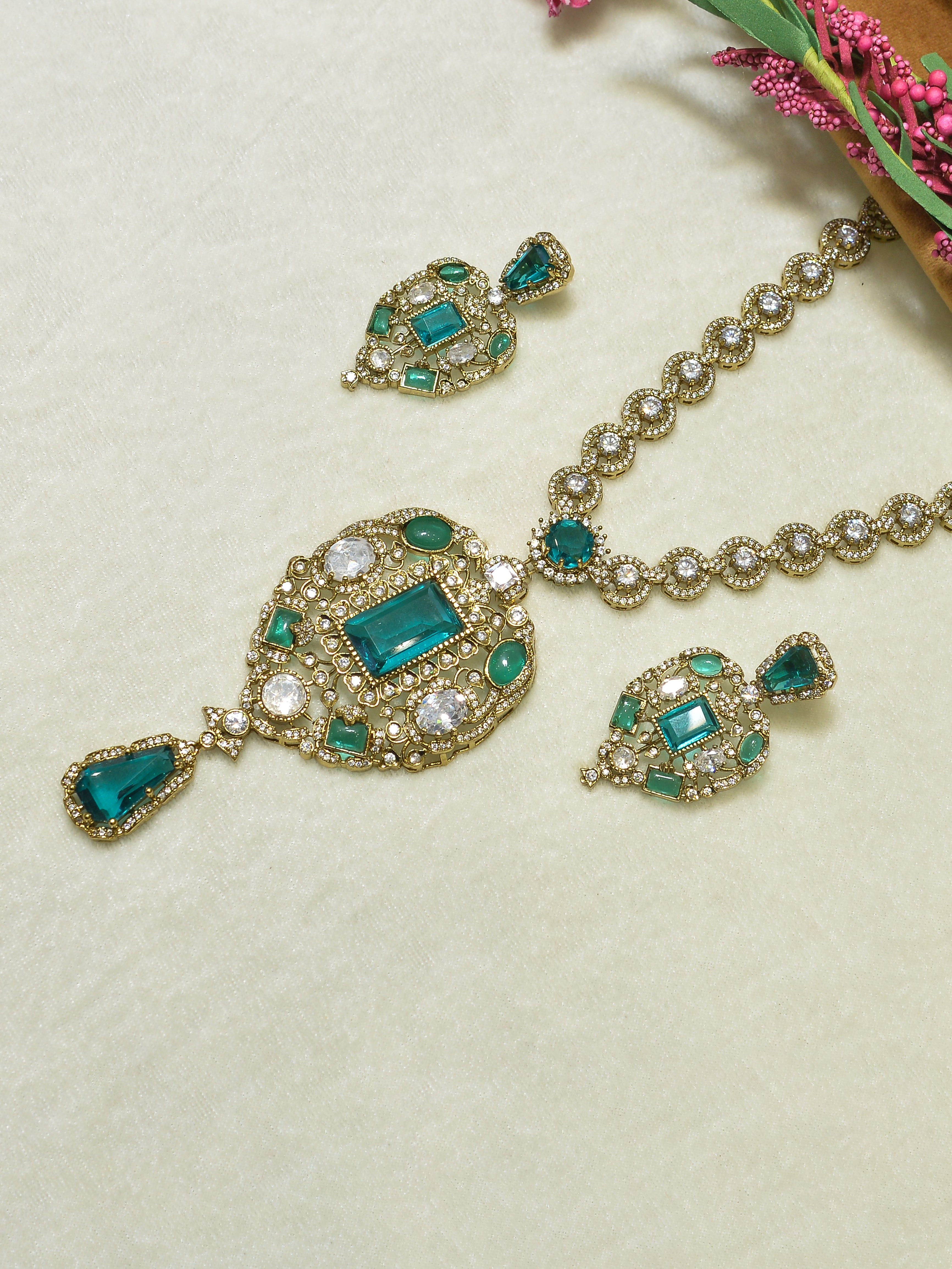 Aanura Red Stone Antique Kundan Necklace & Earrings