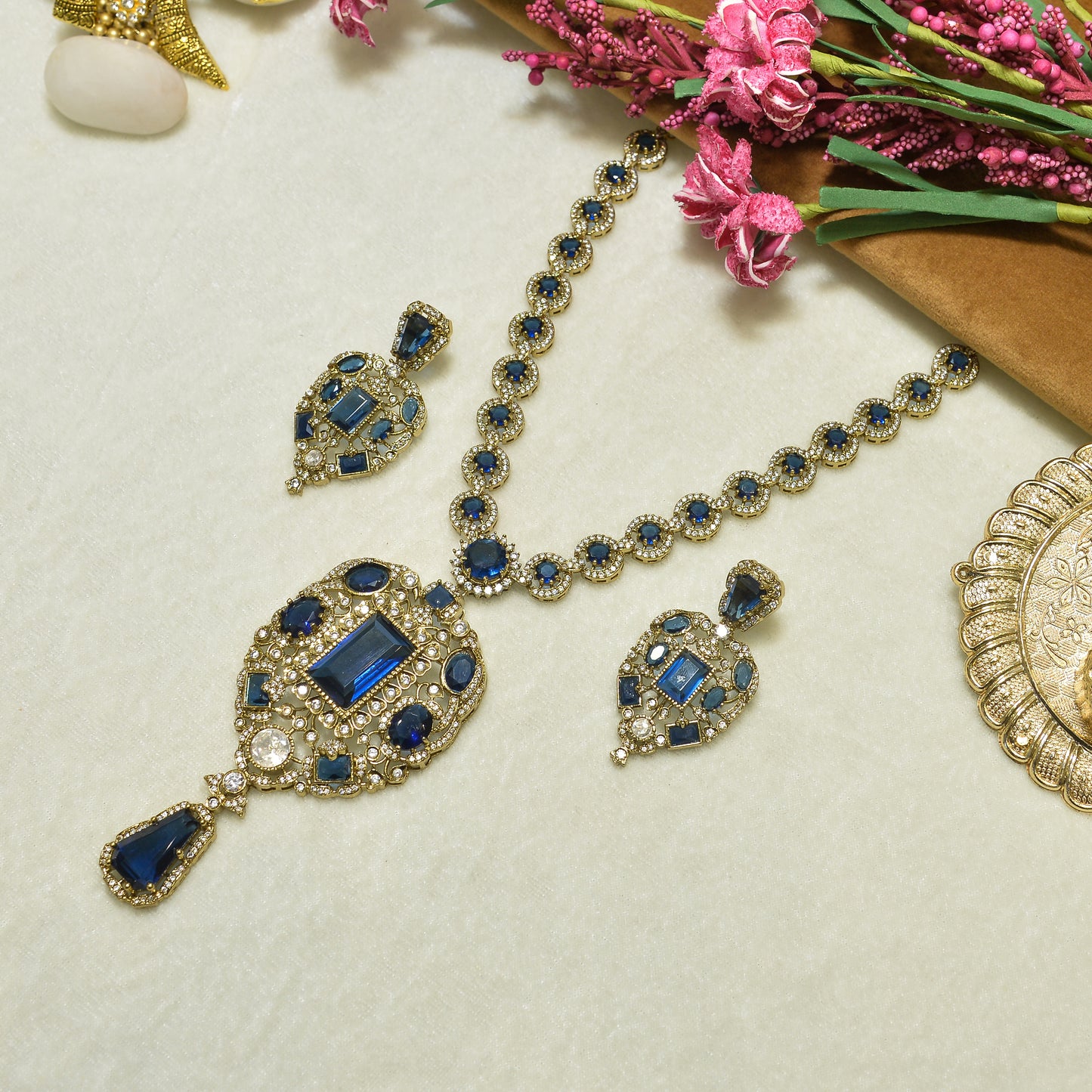 Aanura Red Stone Antique Kundan Necklace & Earrings