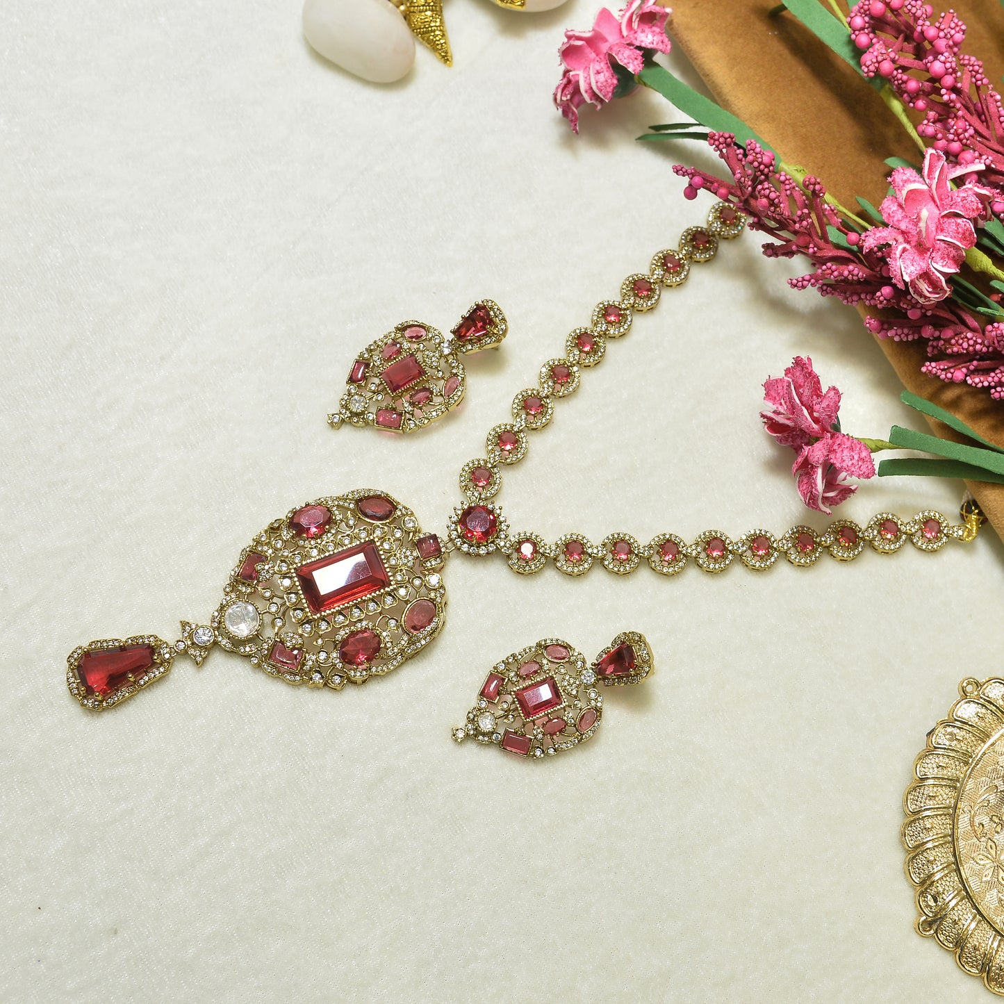 Aanura Red Stone Antique Kundan Necklace & Earrings