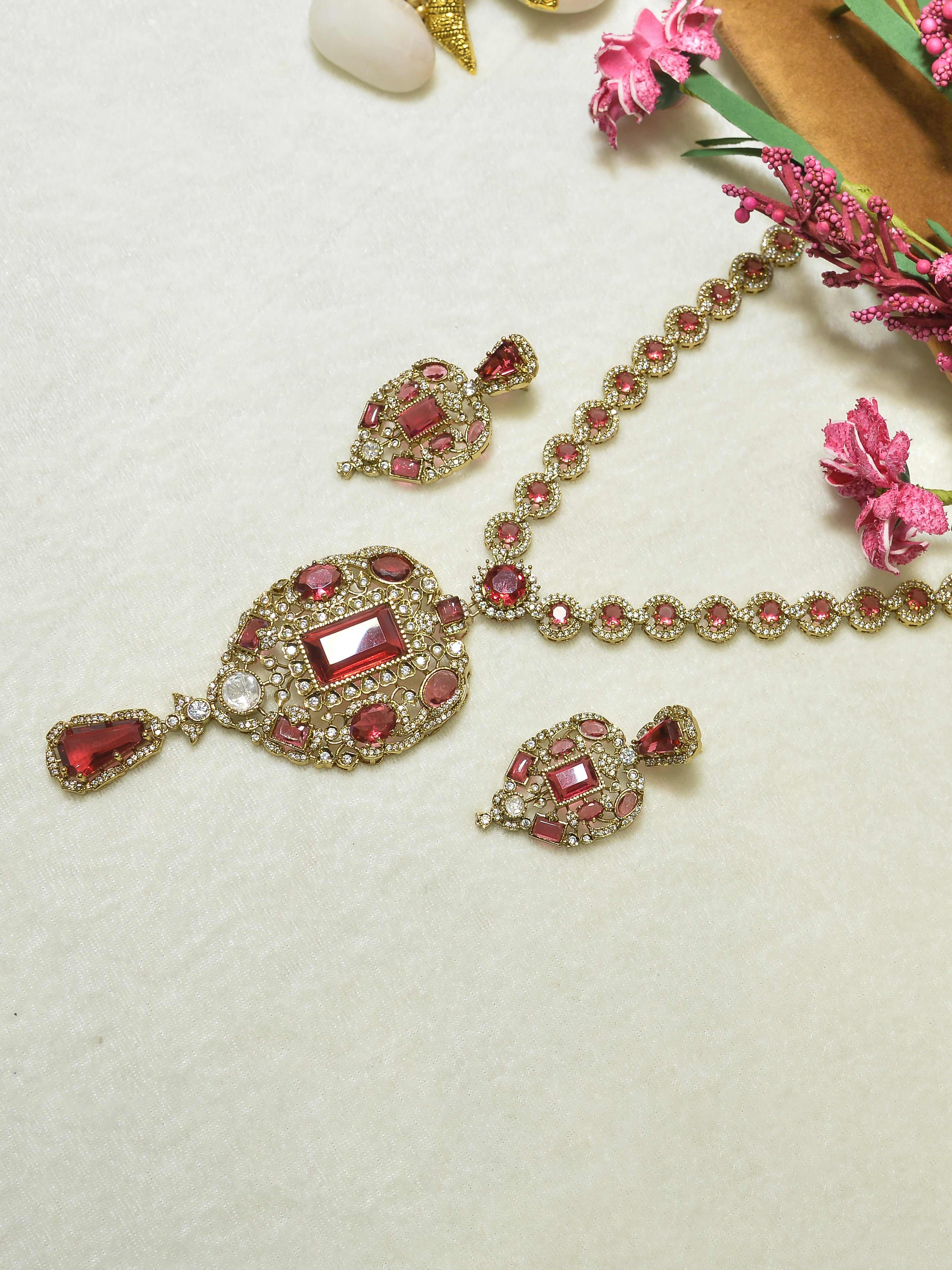 Aanura Red Stone Antique Kundan Necklace & Earrings
