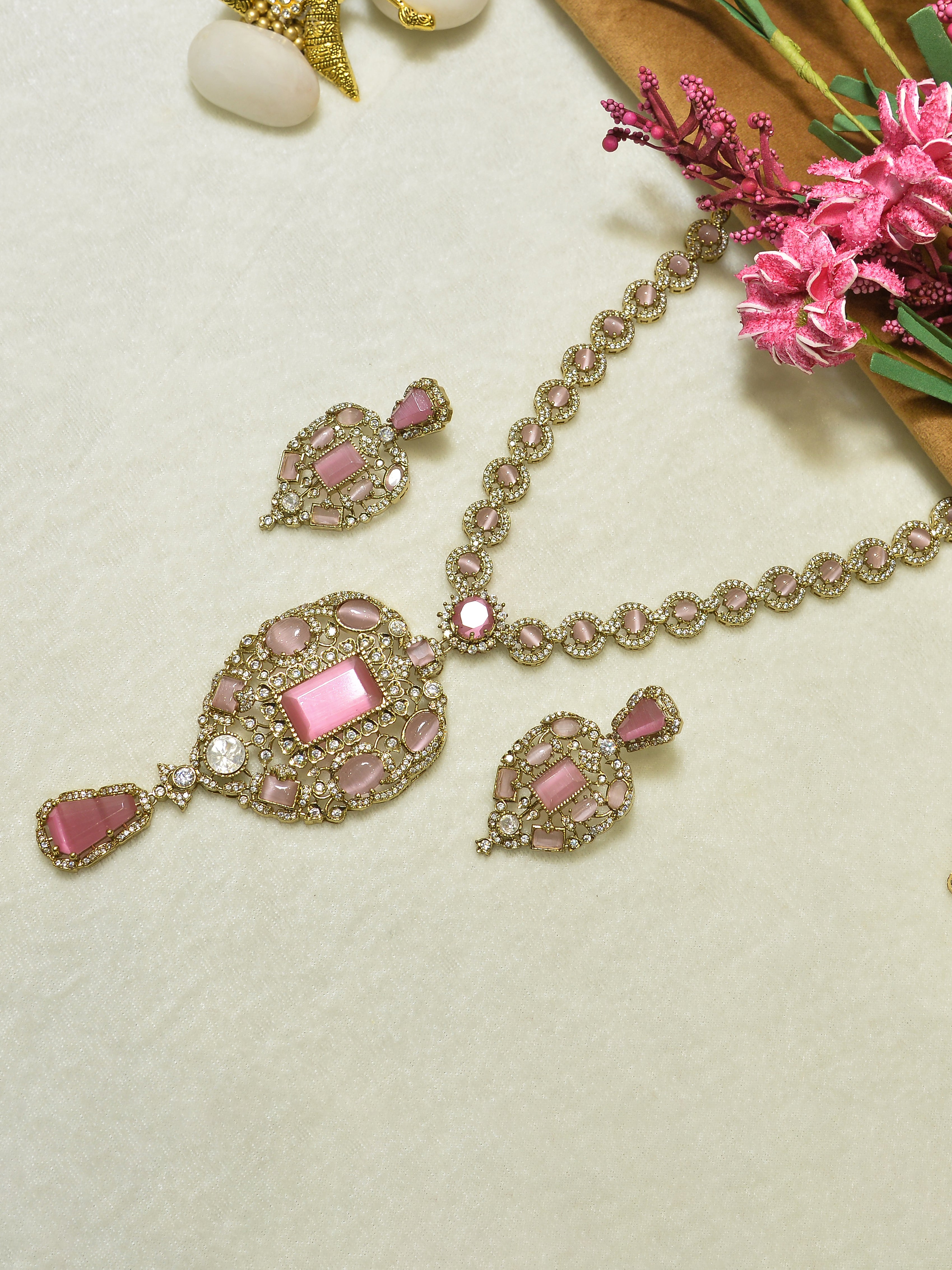 Aanura Red Stone Antique Kundan Necklace & Earrings