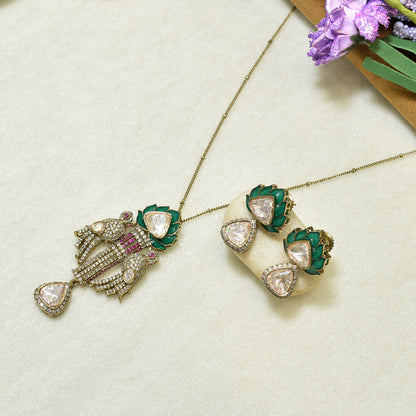 Aanura Lotus Motif Long Necklace Set with Earrings