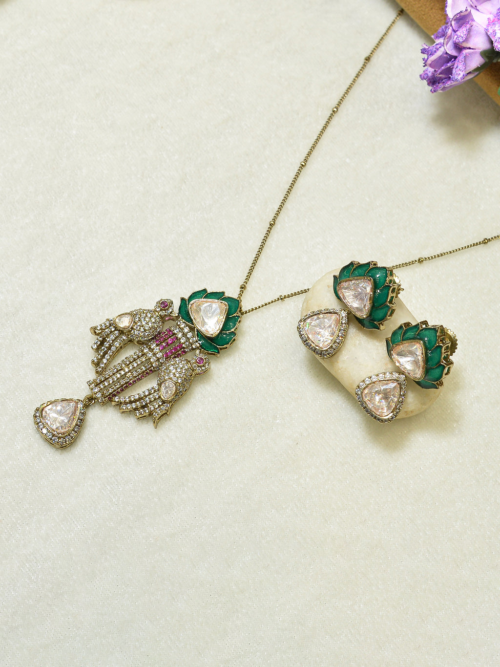 Aanura Lotus Motif Long Necklace Set with Earrings