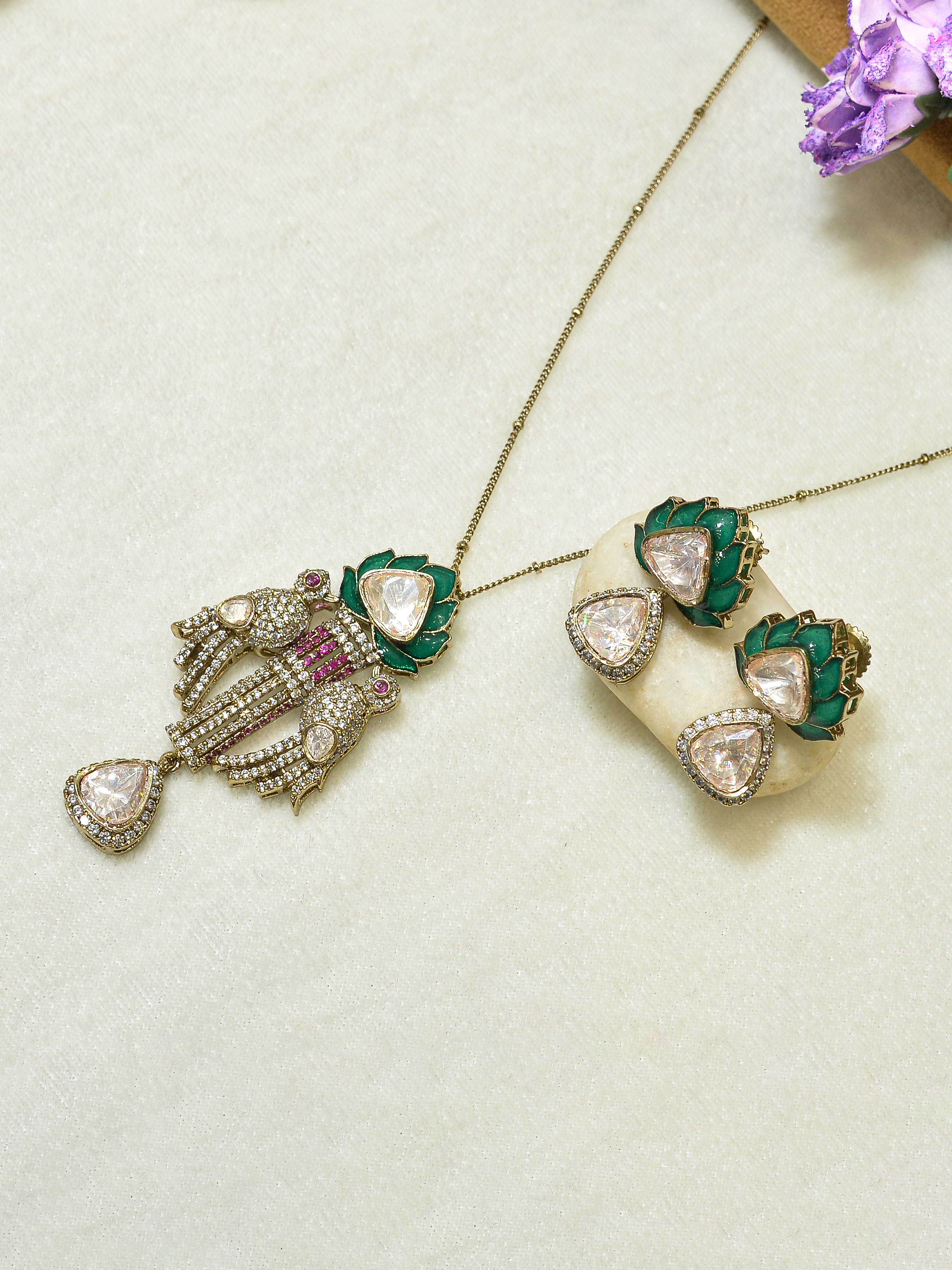 Aanura Lotus Motif Long Necklace Set with Earrings