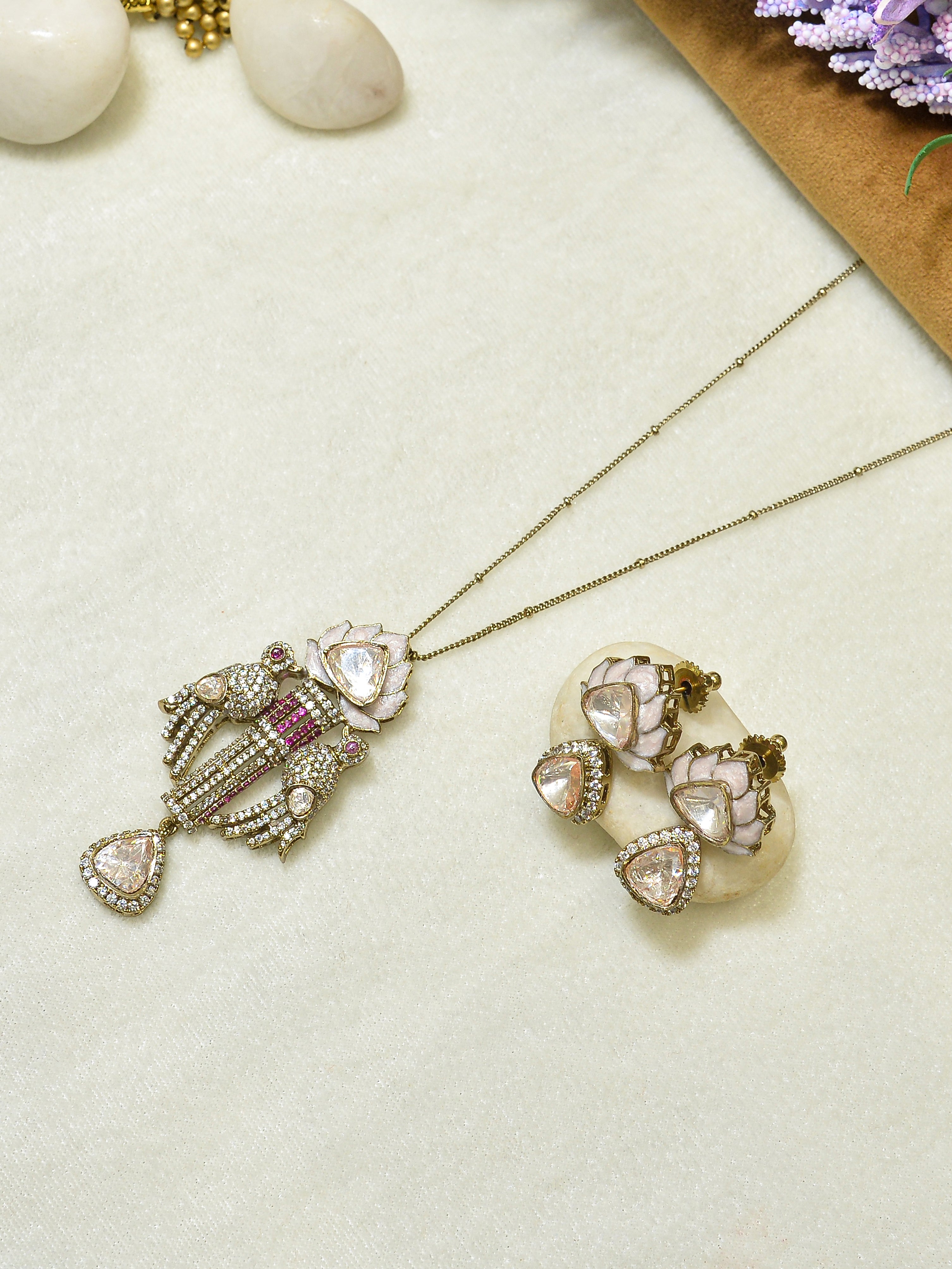 Aanura Lotus Motif Long Necklace Set with Earrings