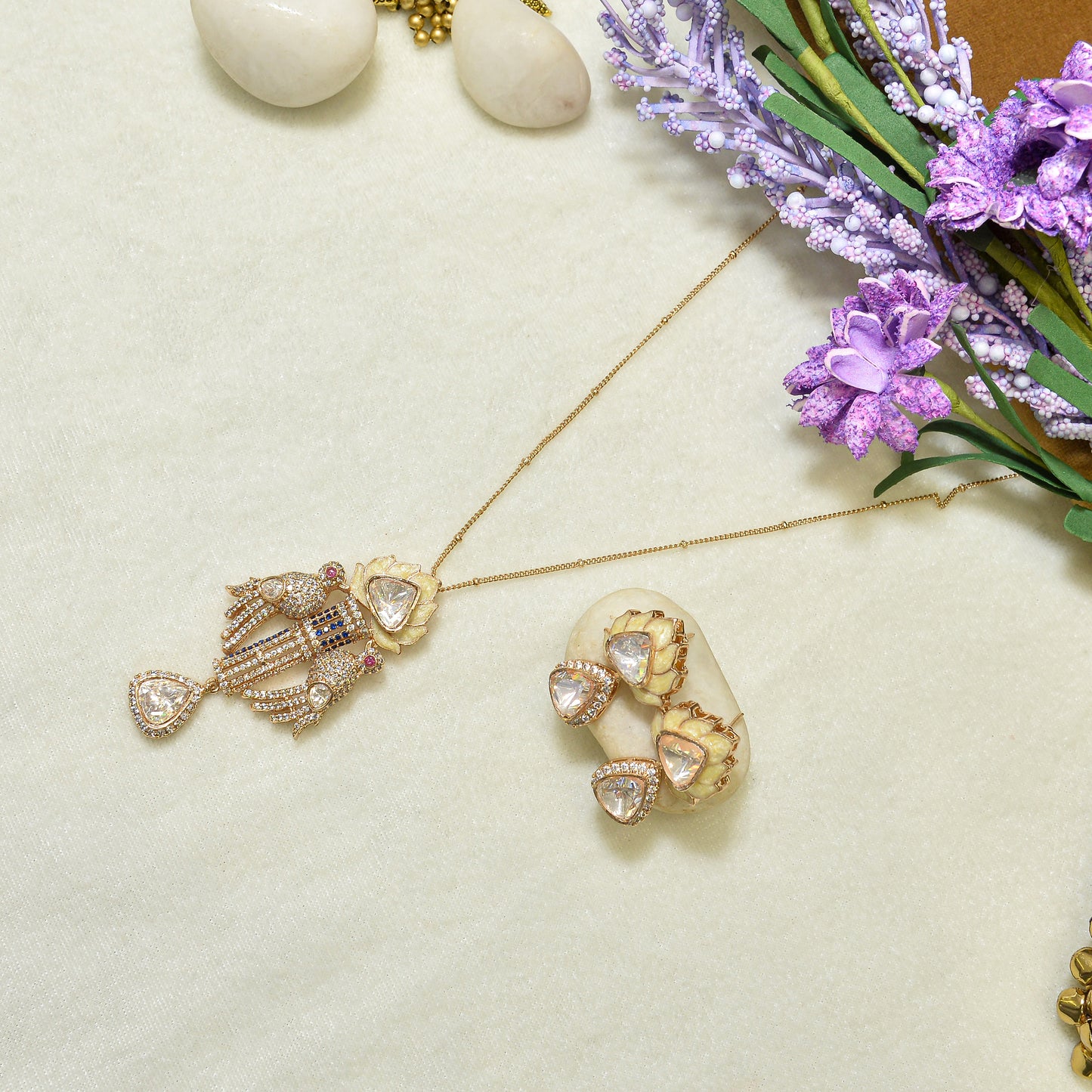 Aanura Lotus Motif Long Necklace Set with Earrings