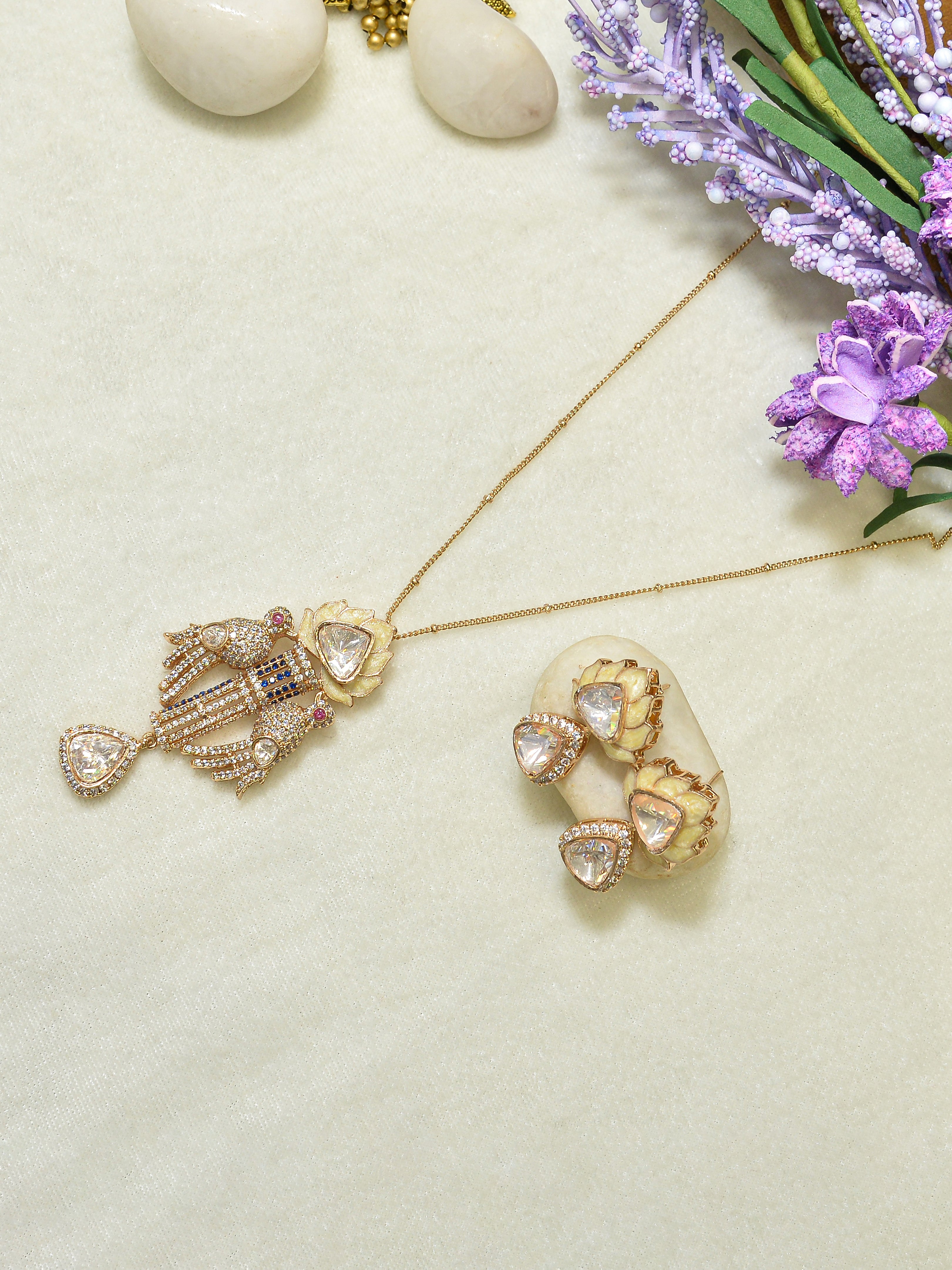 Aanura Lotus Motif Long Necklace Set with Earrings