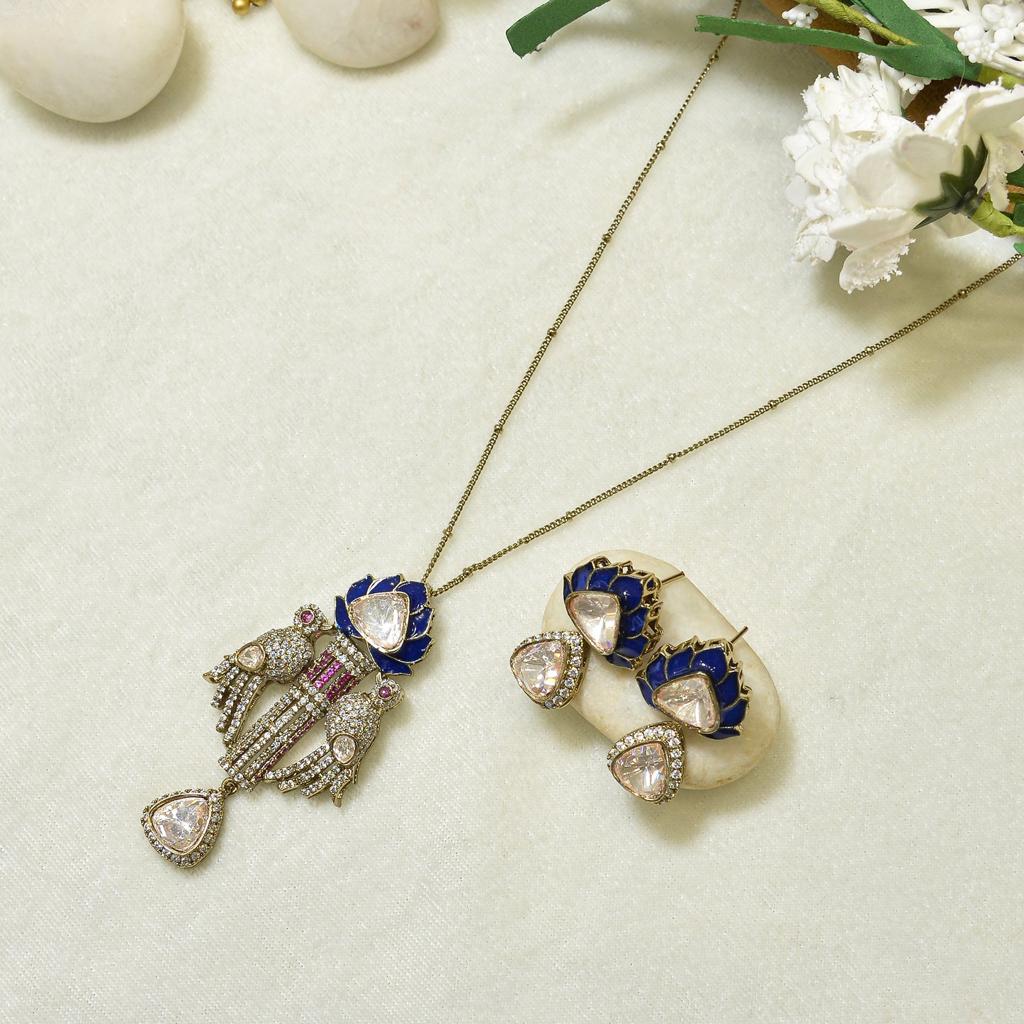 Aanura Lotus Motif Long Necklace Set with Earrings