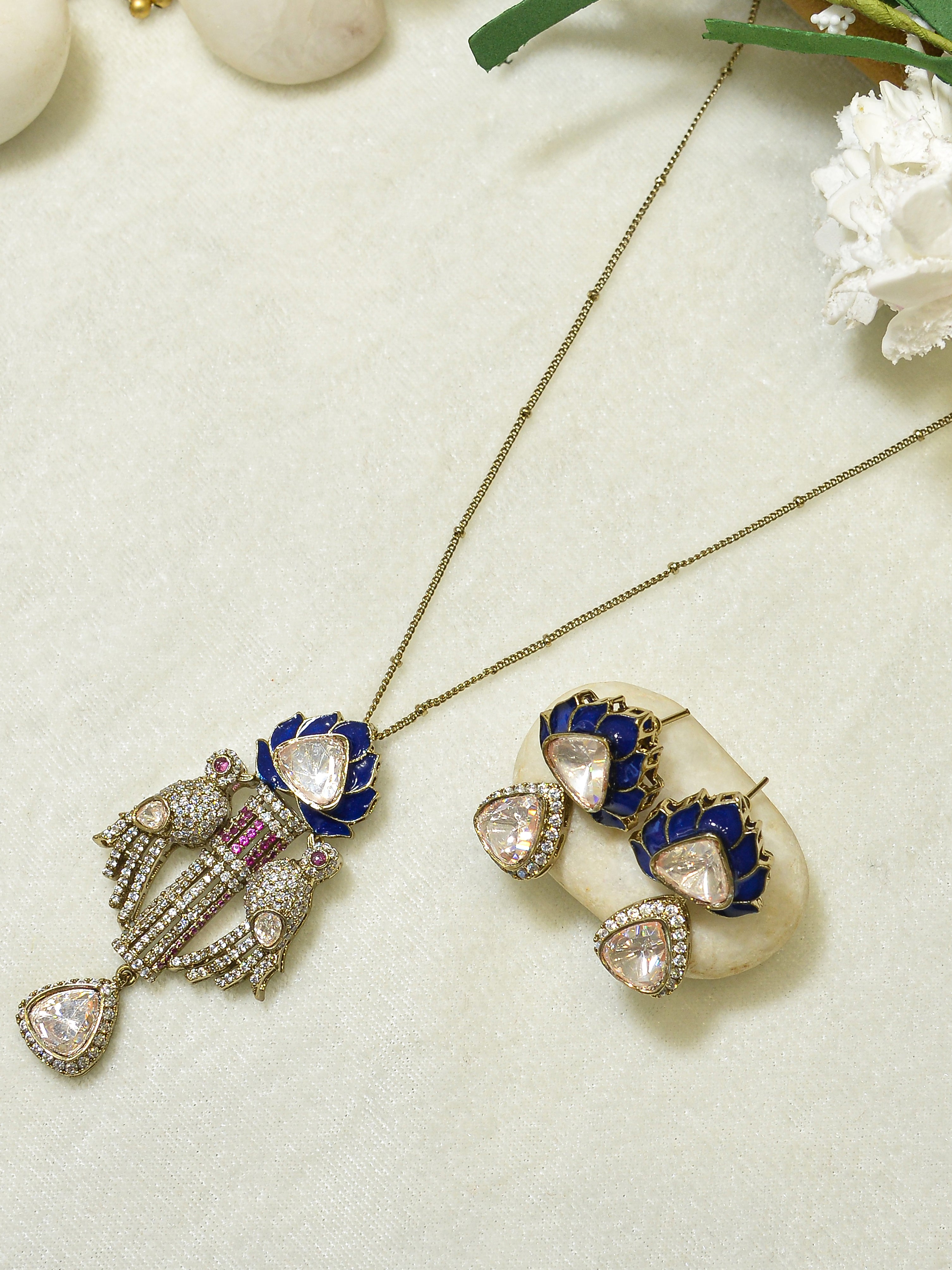 Aanura Lotus Motif Long Necklace Set with Earrings