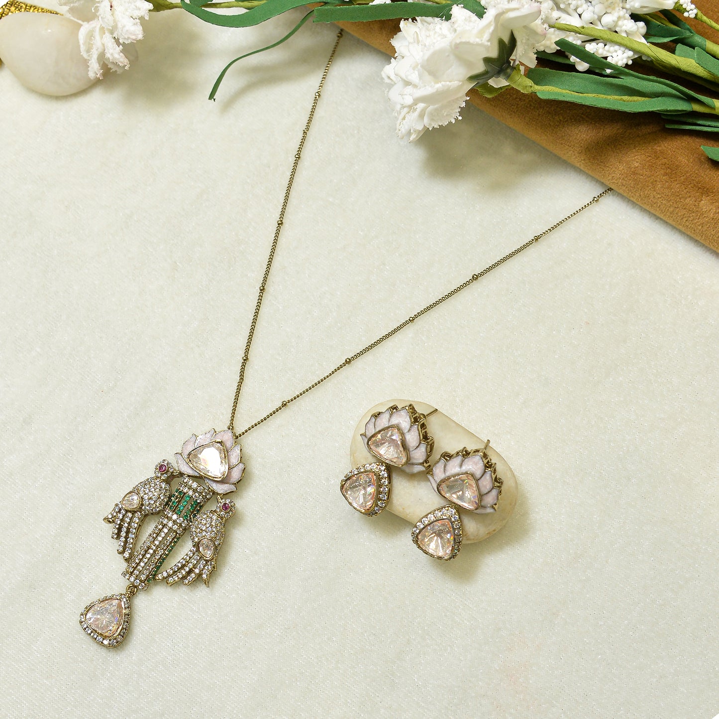 Aanura Lotus Motif Long Necklace Set with Earrings