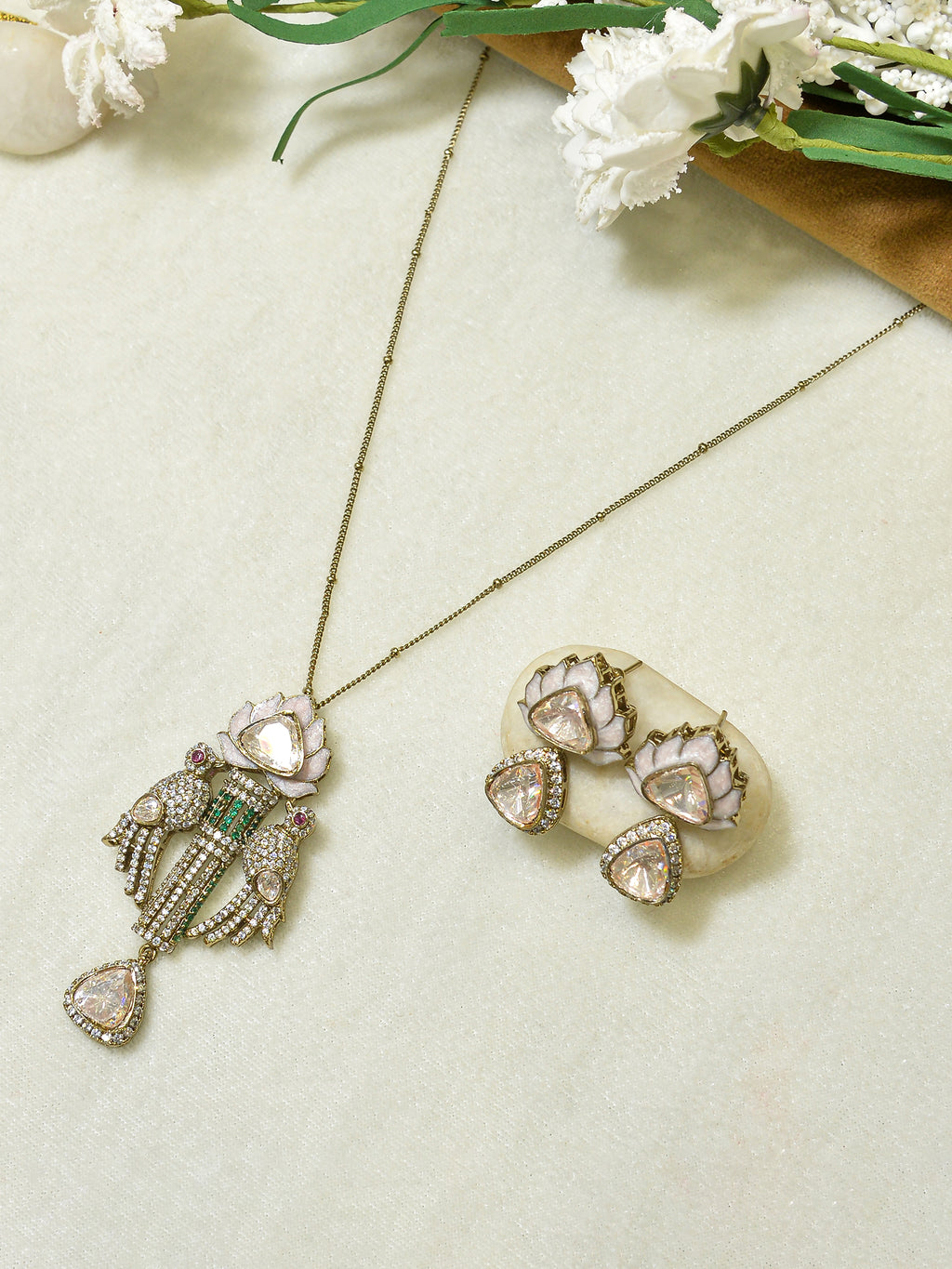 Aanura Lotus Motif Long Necklace Set with Earrings