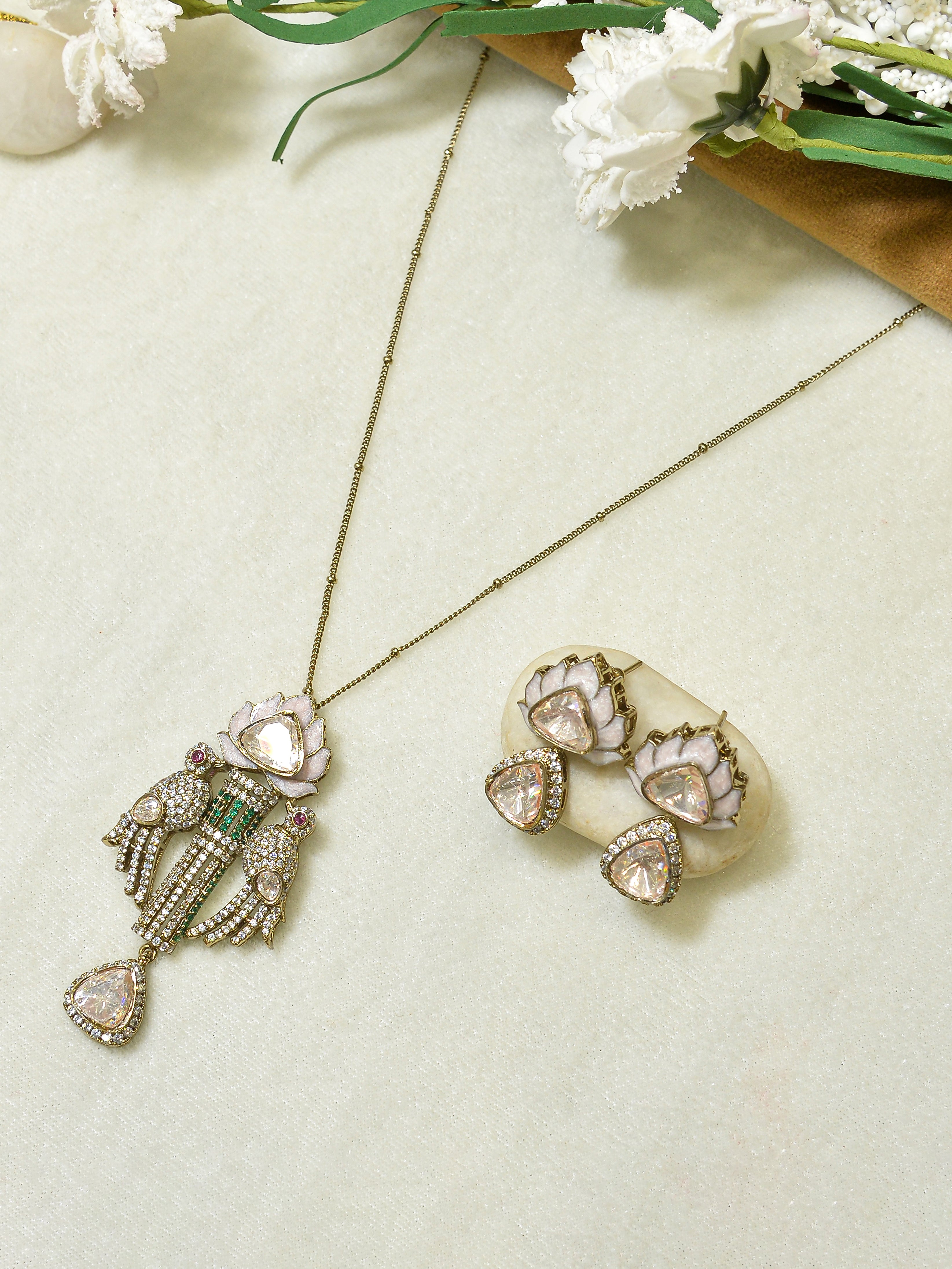 Aanura Lotus Motif Long Necklace Set with Earrings
