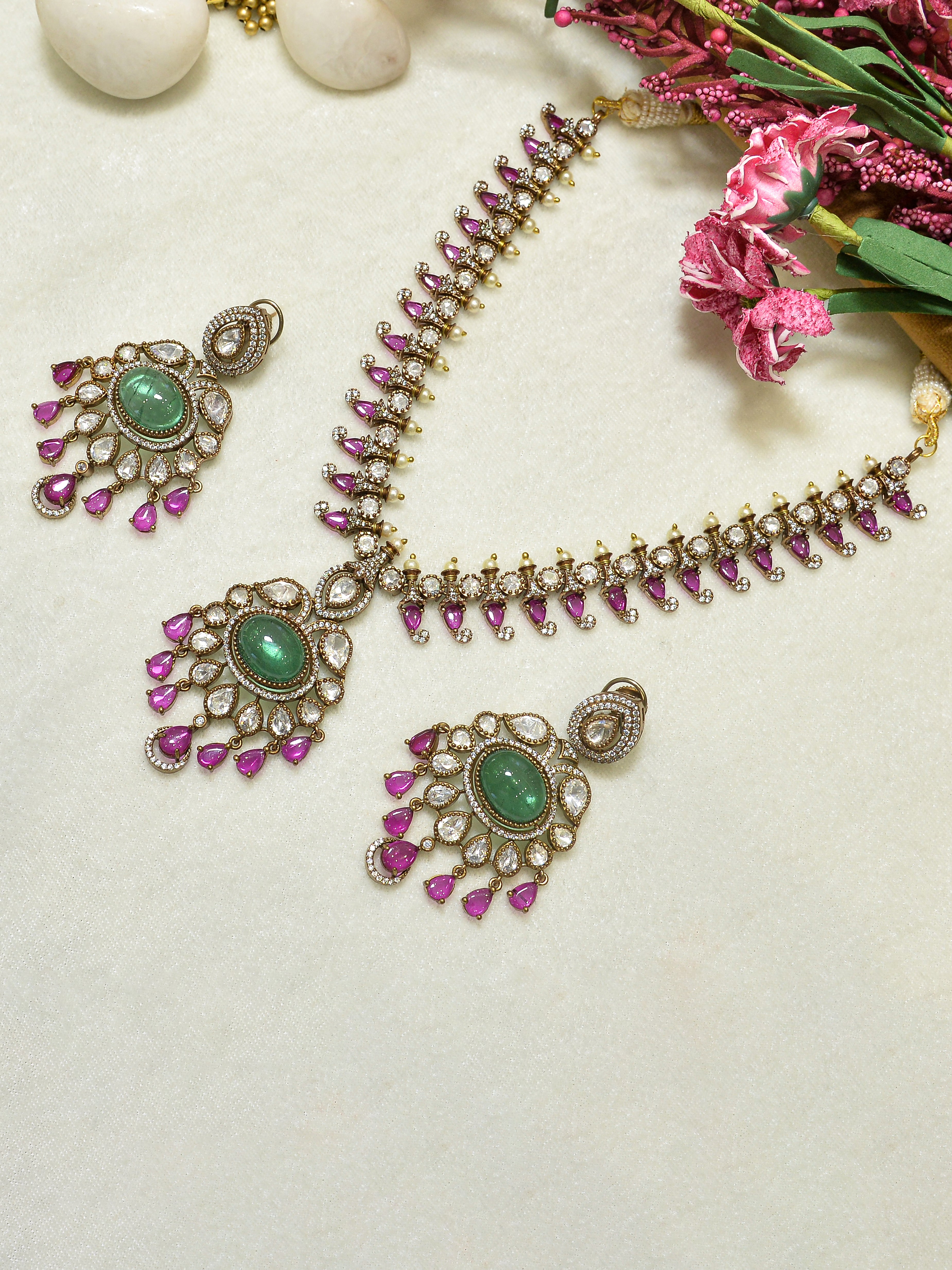 Aanura Royal Green Kundan Bridal Necklace with Earrings