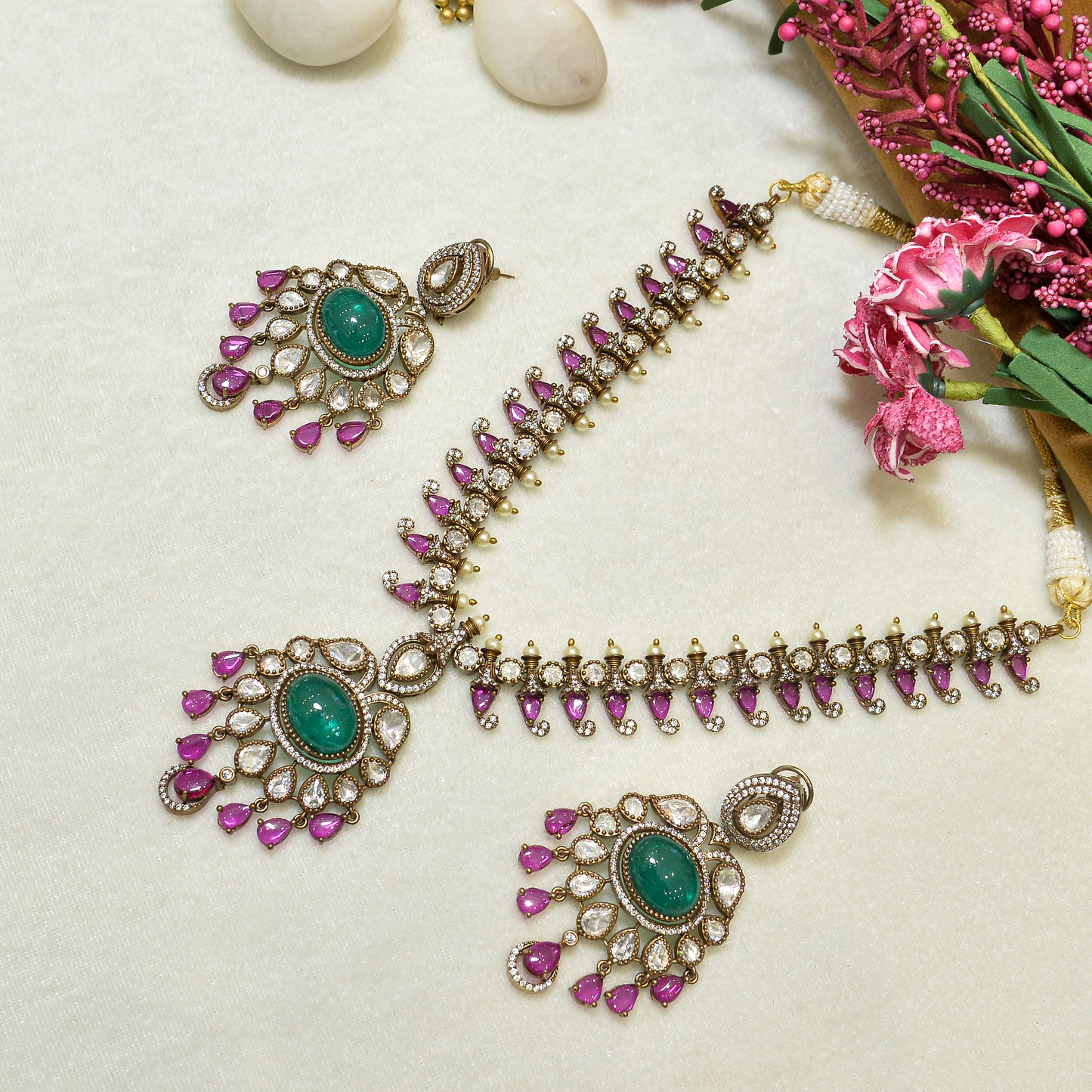 Aanura Royal Green Kundan Bridal Necklace with Earrings