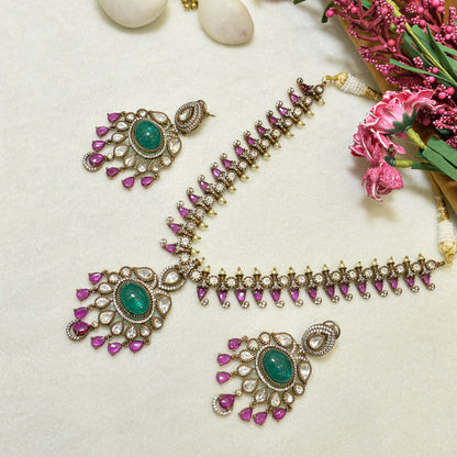 Aanura Royal Green Kundan Bridal Necklace with Earrings