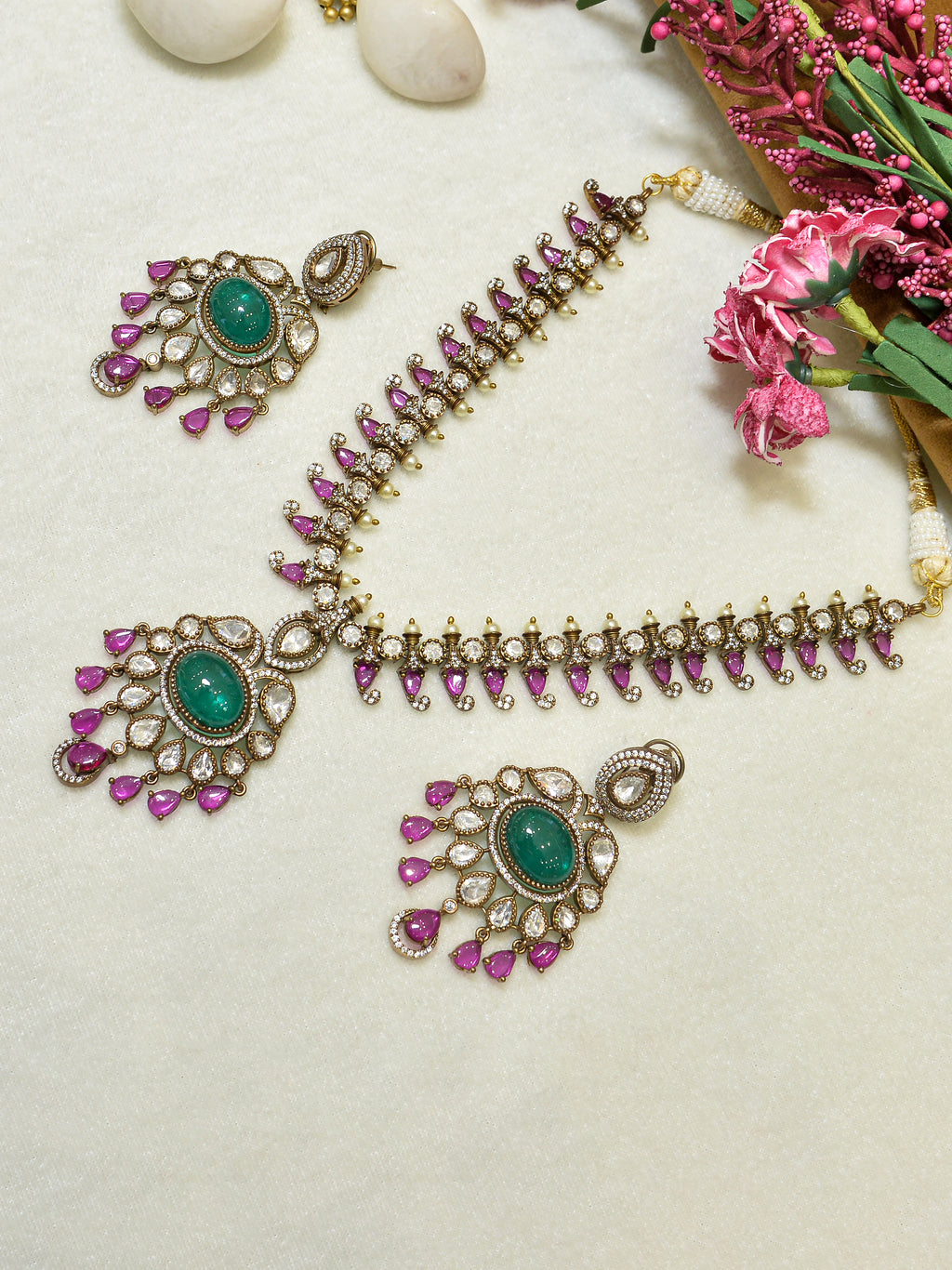 Aanura Royal Green Kundan Bridal Necklace with Earrings