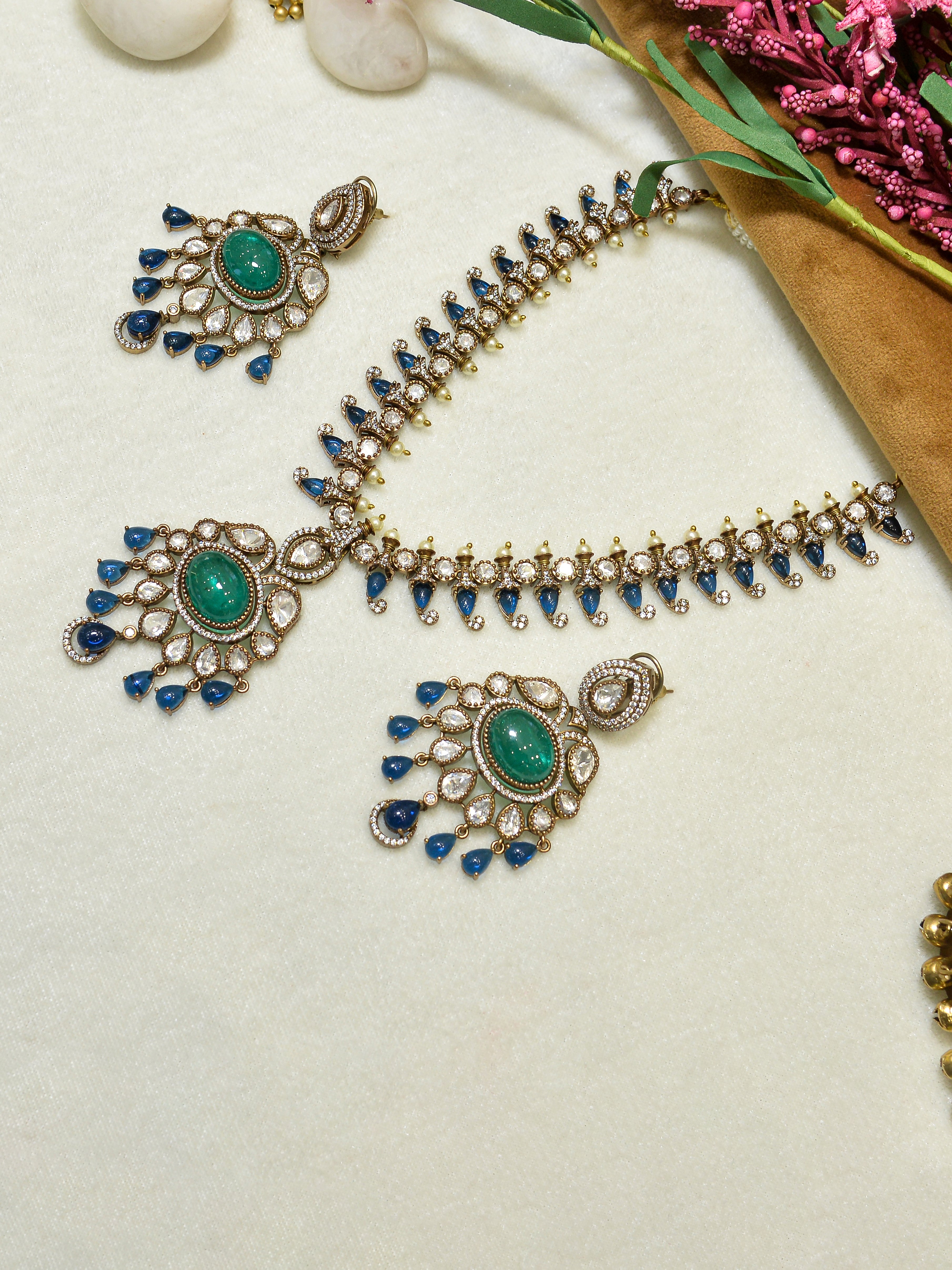 Aanura Royal Green Kundan Bridal Necklace with Earrings