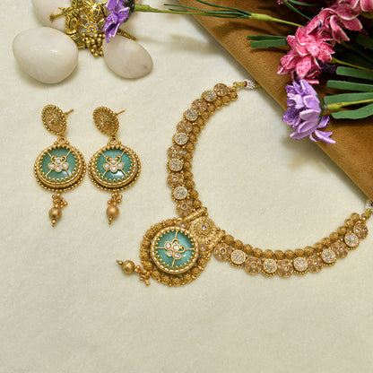 Aanura Circular Heritage Necklace with Green Stones