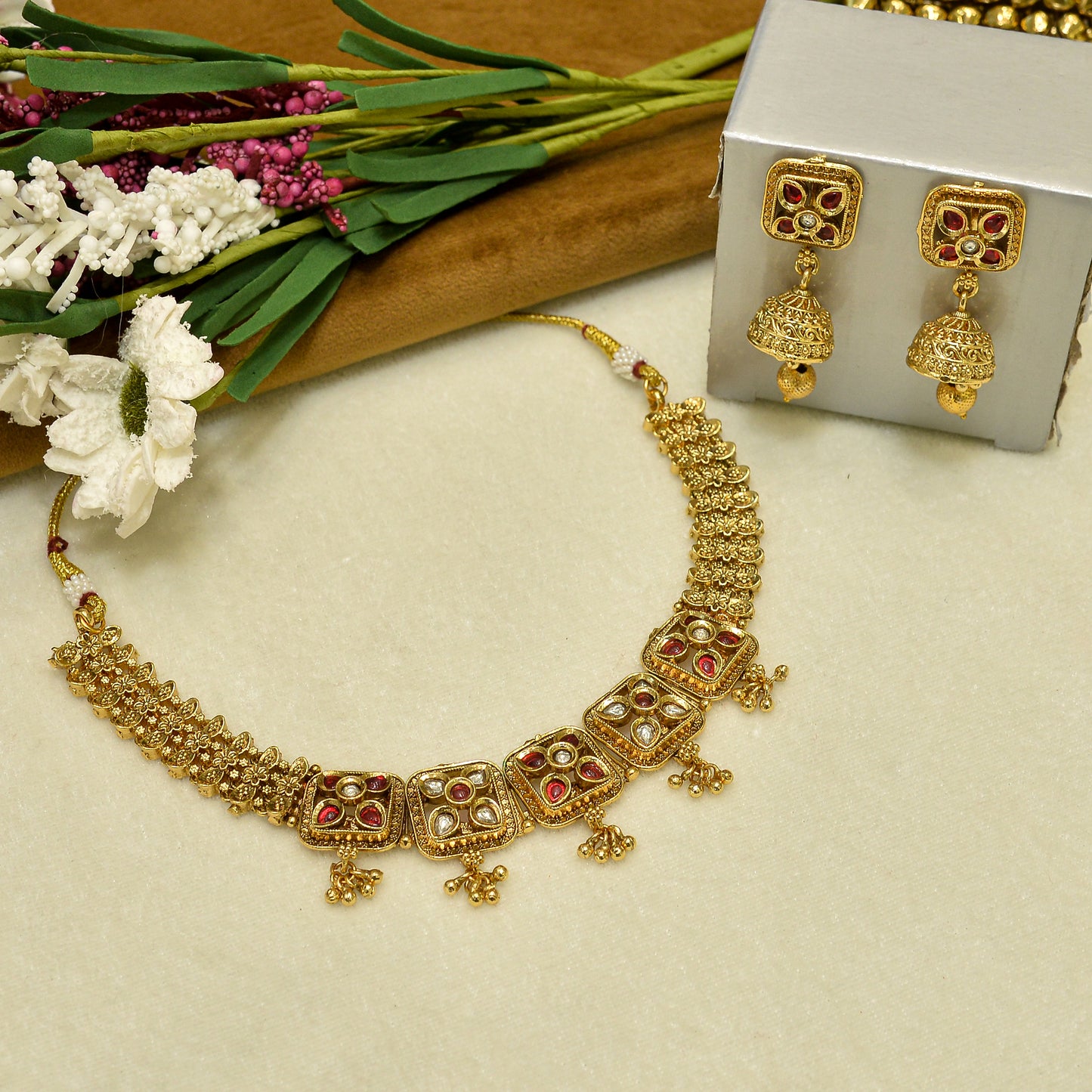 Aanura Antique Square Panel Choker Set with Earrings