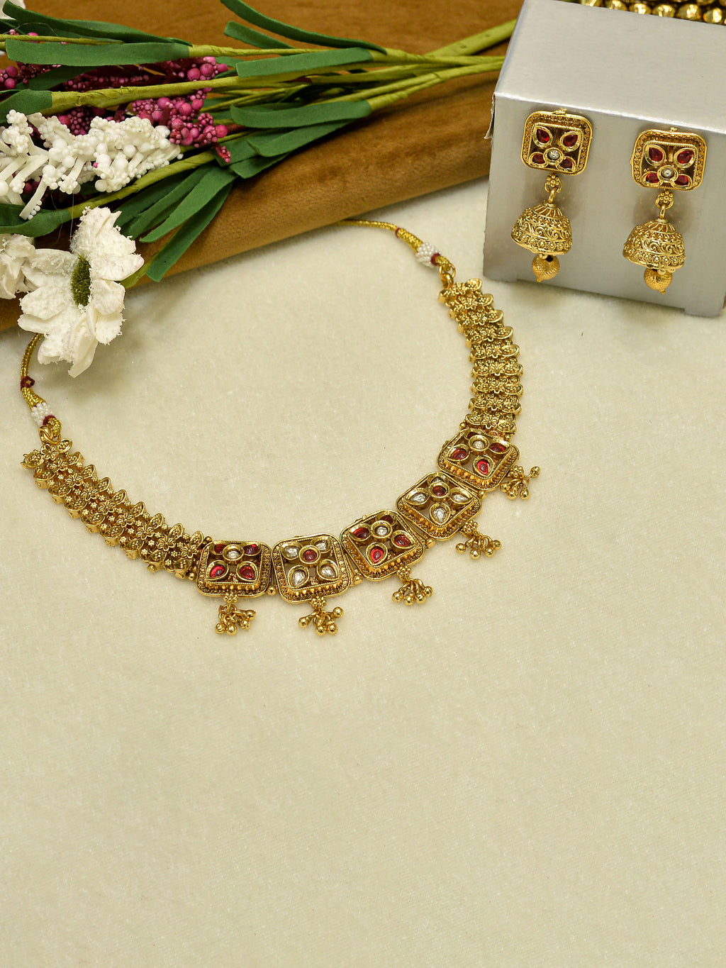 Aanura Antique Square Panel Choker Set with Earrings
