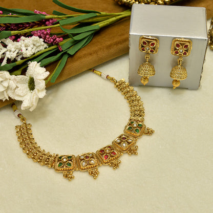 Aanura Antique Square Panel Choker Set with Earrings