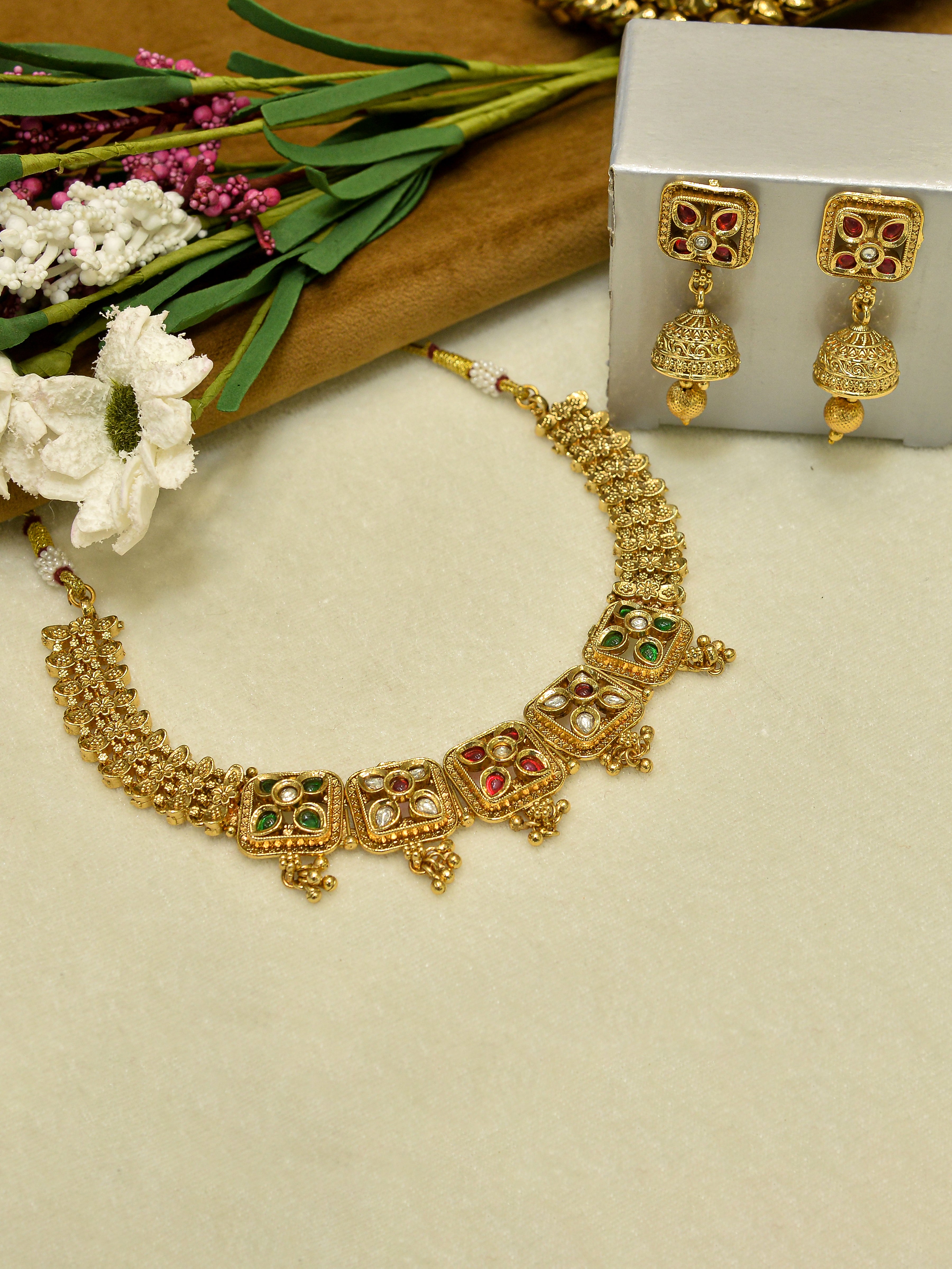 Aanura Antique Square Panel Choker Set with Earrings