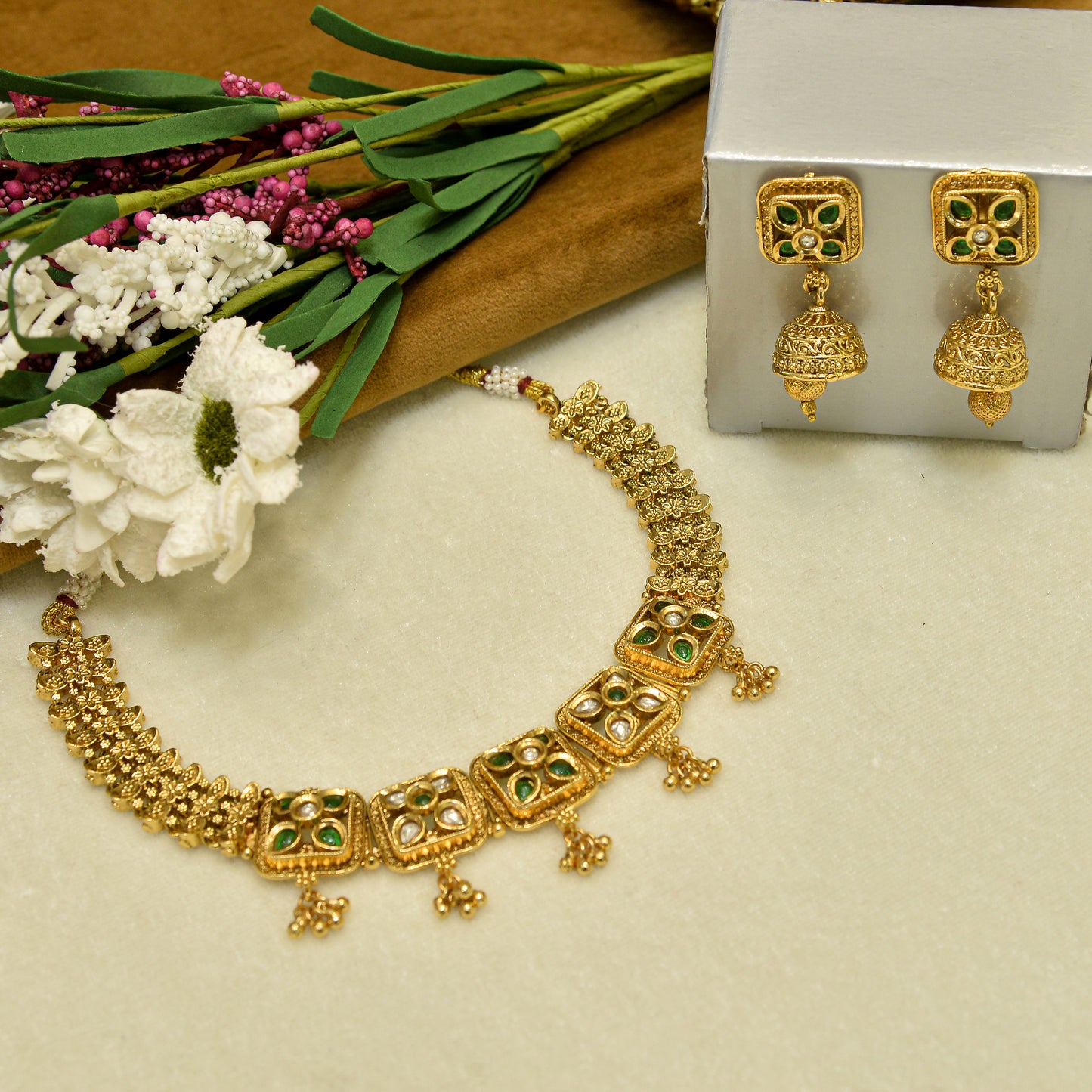 Aanura Antique Square Panel Choker Set with Earrings