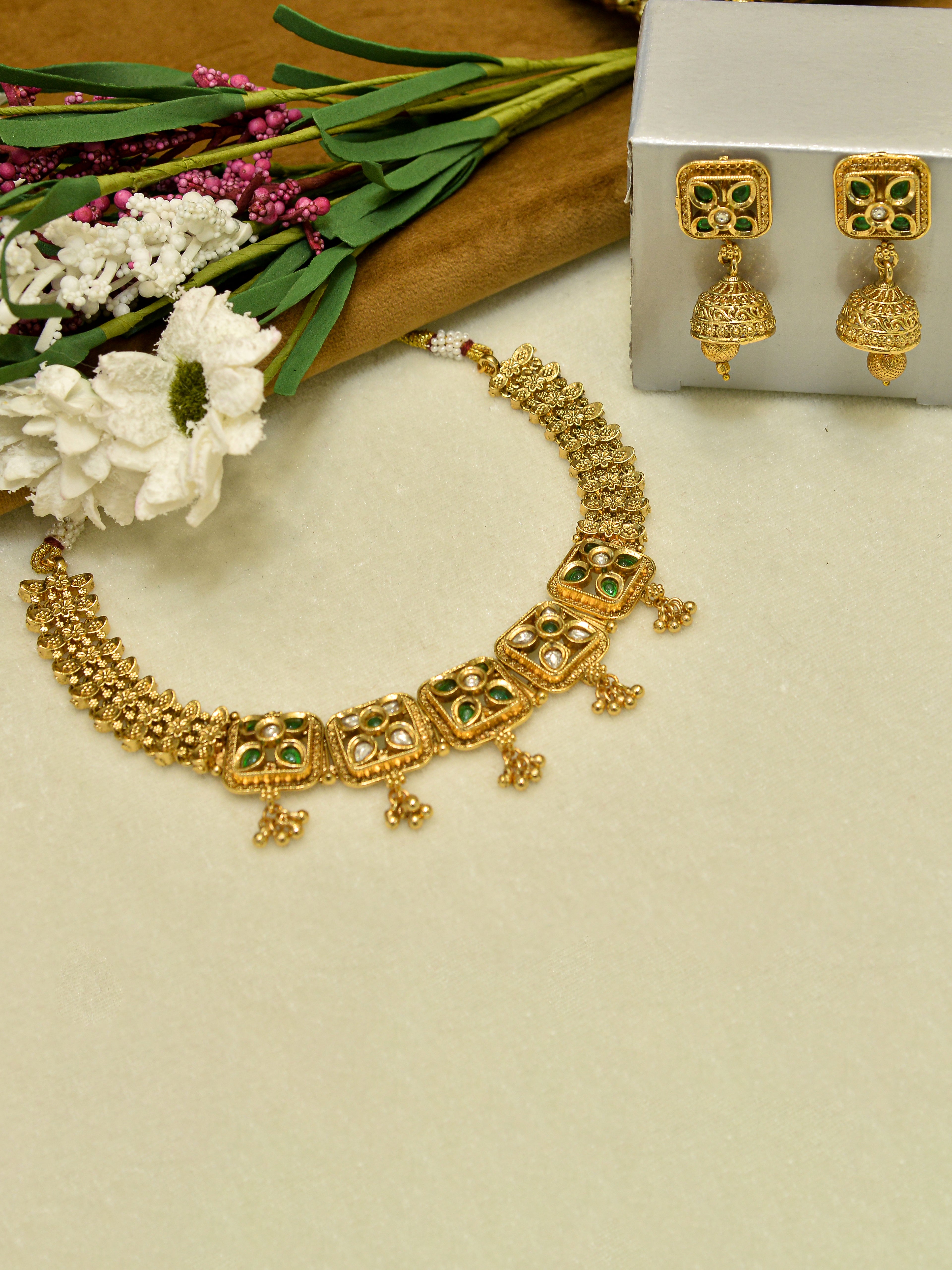 Aanura Antique Square Panel Choker Set with Earrings