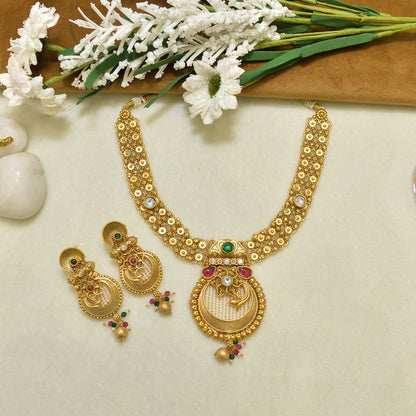 Aanura Temple Style Gold Necklace Set with Earrings