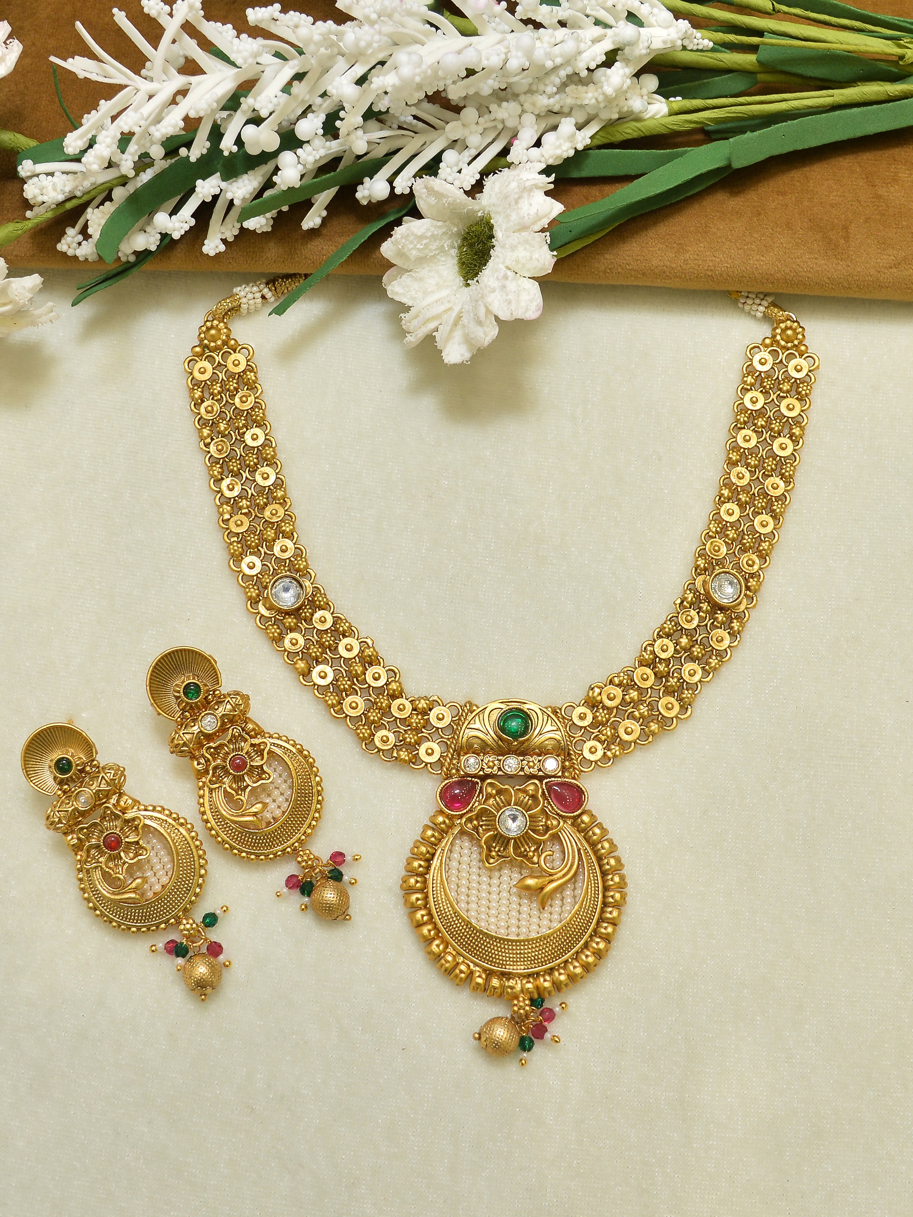 Aanura Temple Style Gold Necklace Set with Earrings