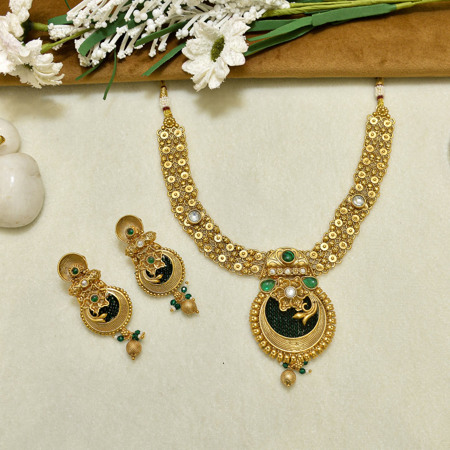 Aanura Temple Style Gold Necklace Set with Earrings