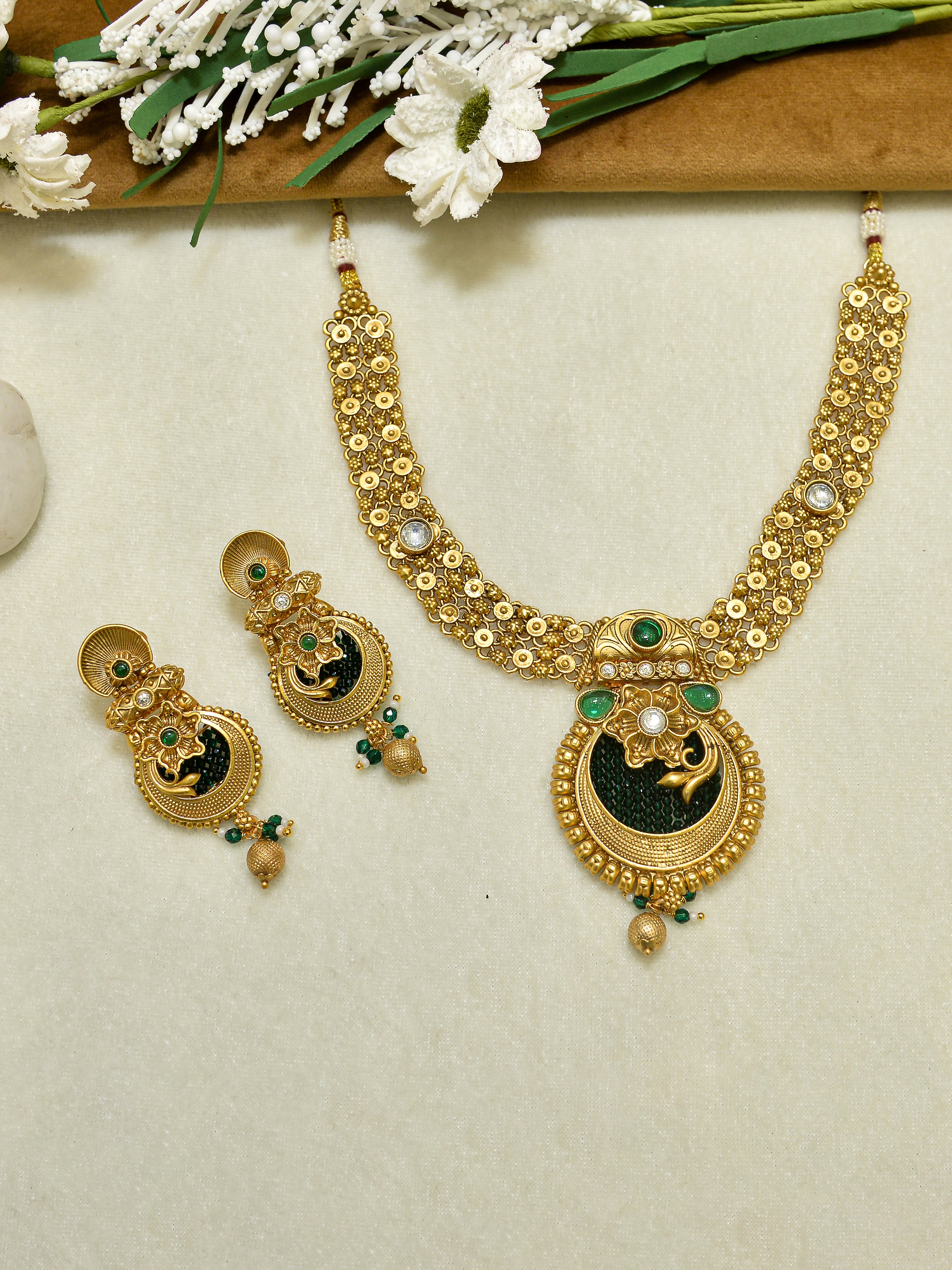 Aanura Temple Style Gold Necklace Set with Earrings