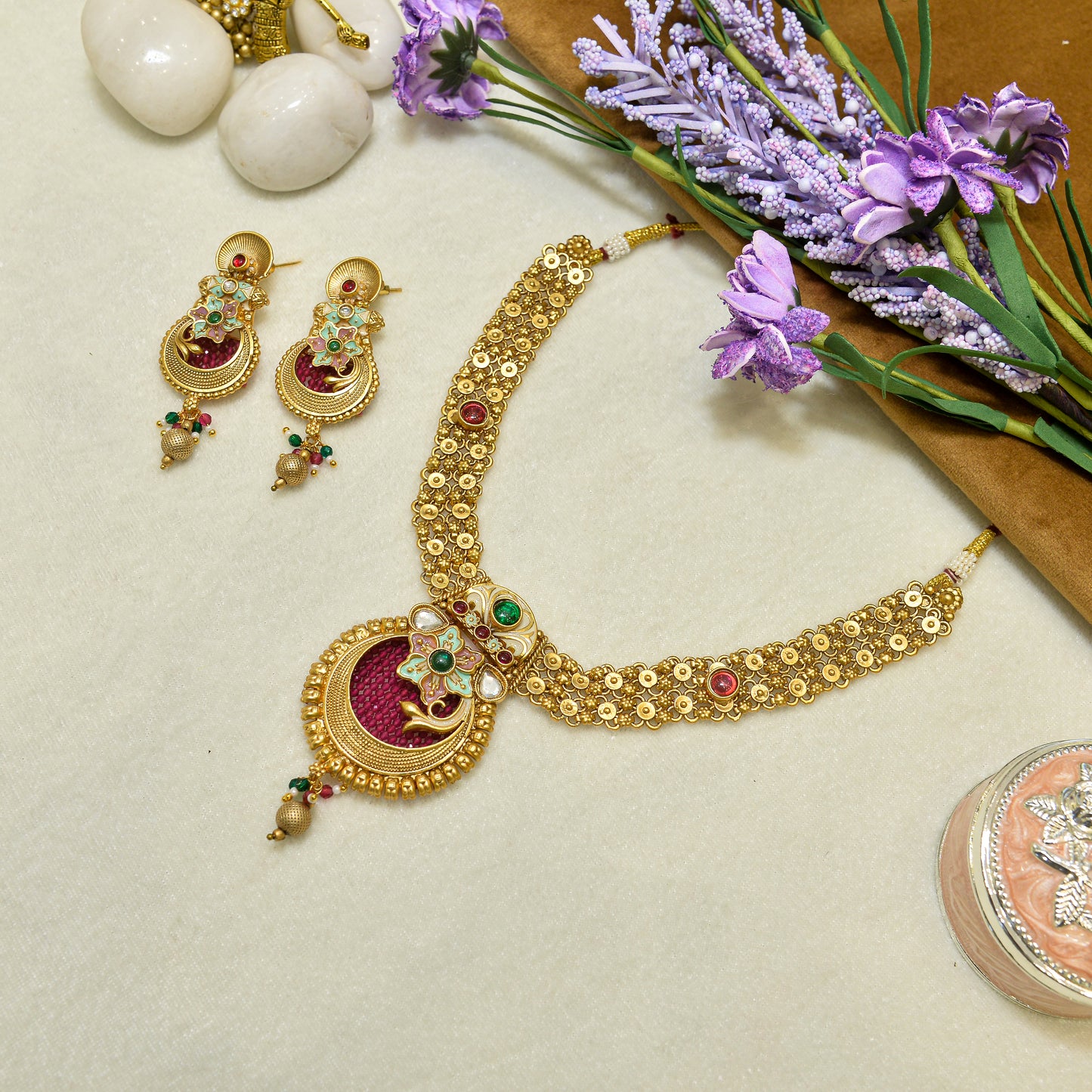 Aanura Temple Style Gold Necklace Set with Earrings