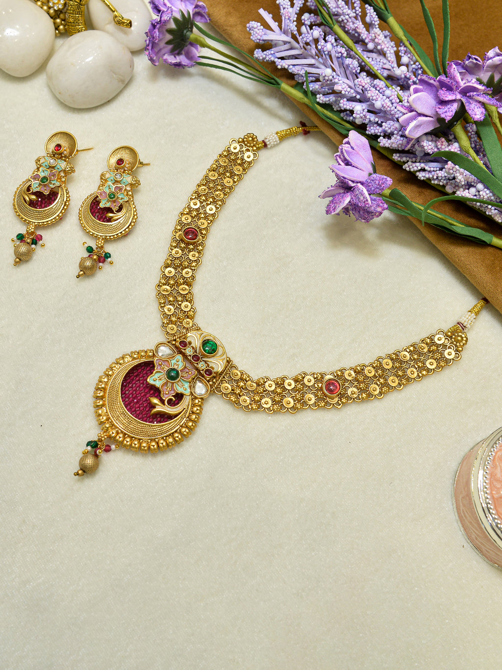 Aanura Temple Style Gold Necklace Set with Earrings