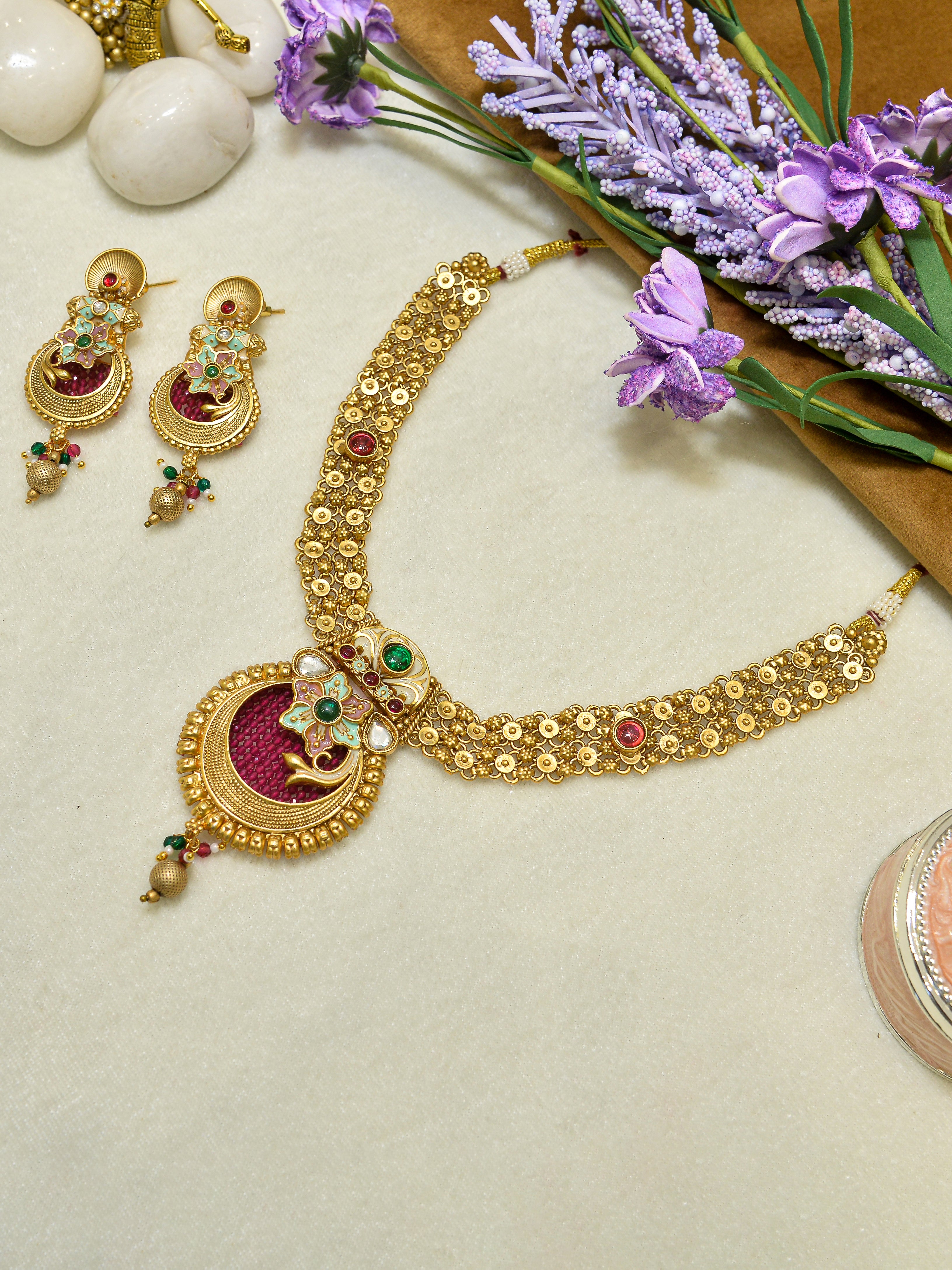 Aanura Temple Style Gold Necklace Set with Earrings