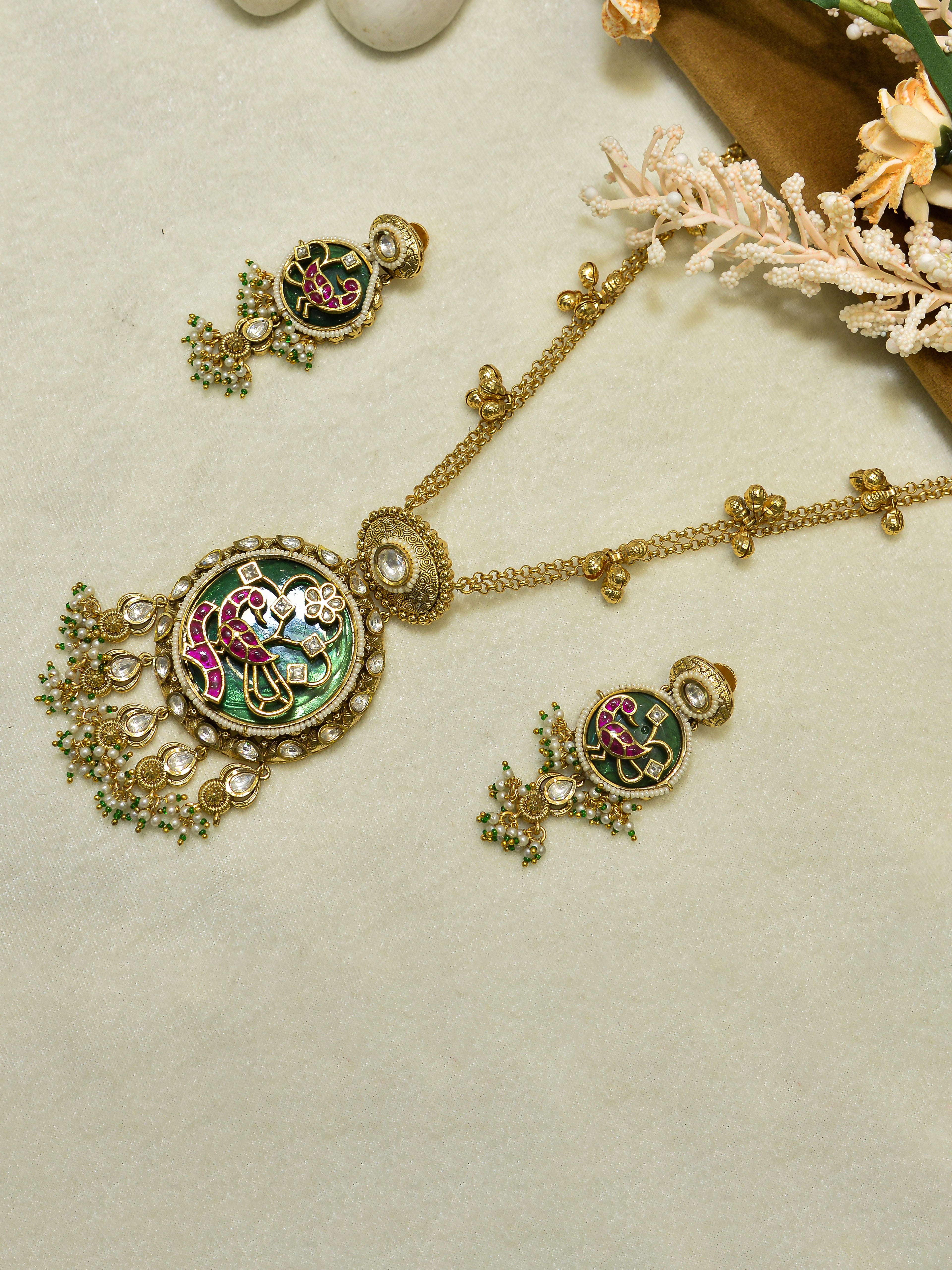 Aanura Peacock Motif Kundan Pendant Necklace Set