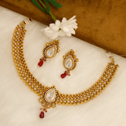 Aanura Antique Pearl Drop Kundan Choker Necklace Set