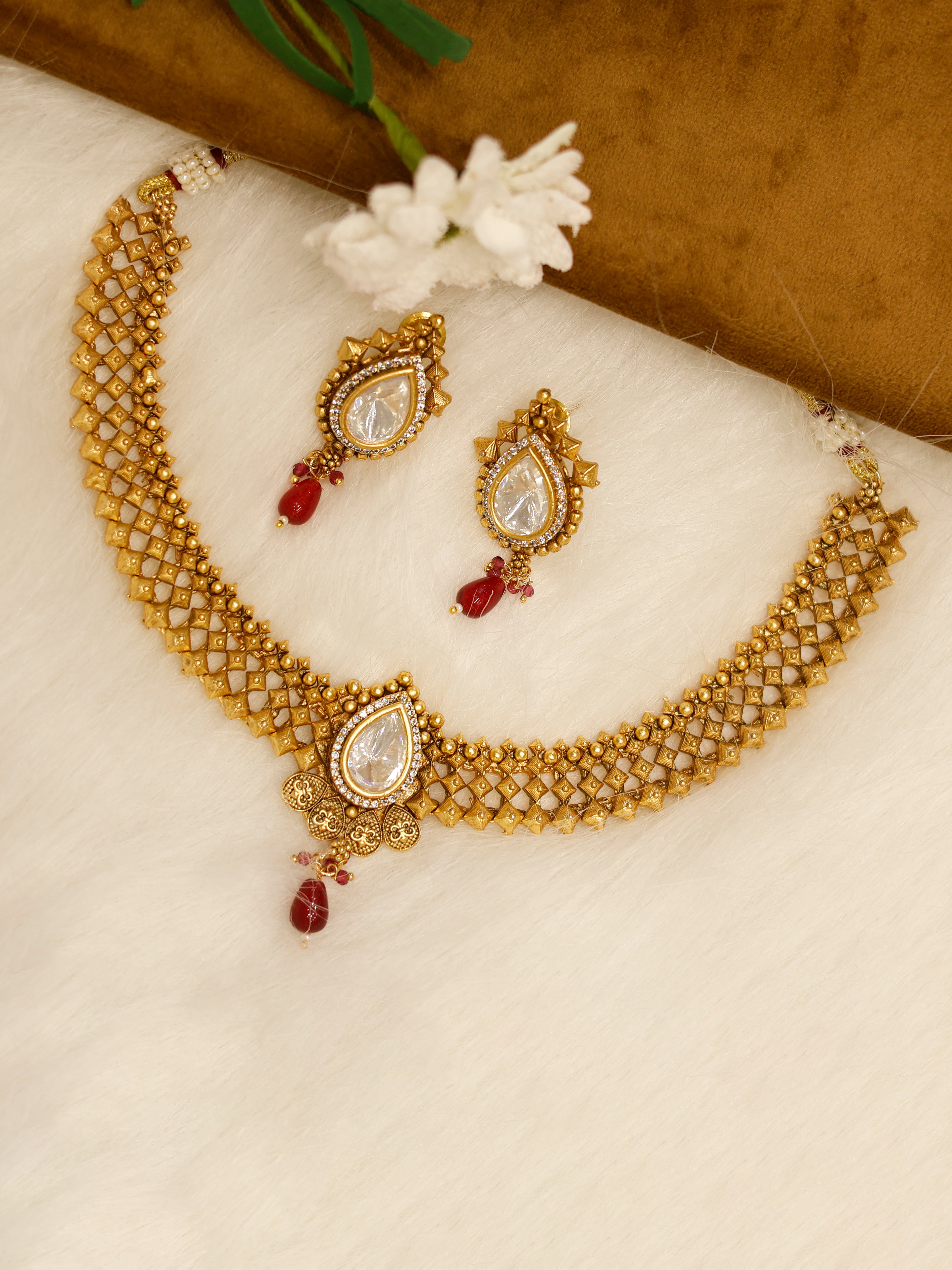 Aanura Antique Pearl Drop Kundan Choker Necklace Set