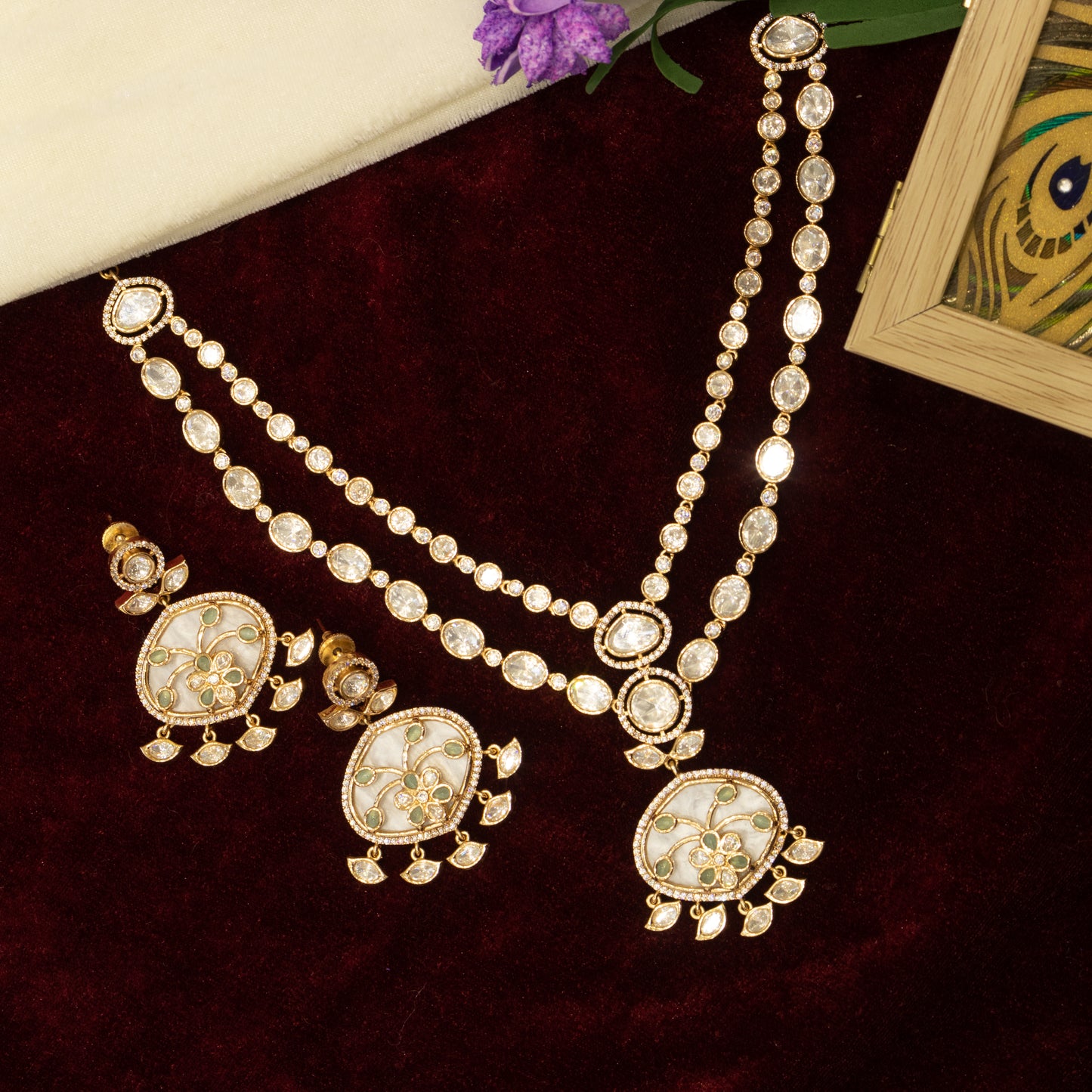 Aanura Green Meenakari Kundan Pendant Necklace Set