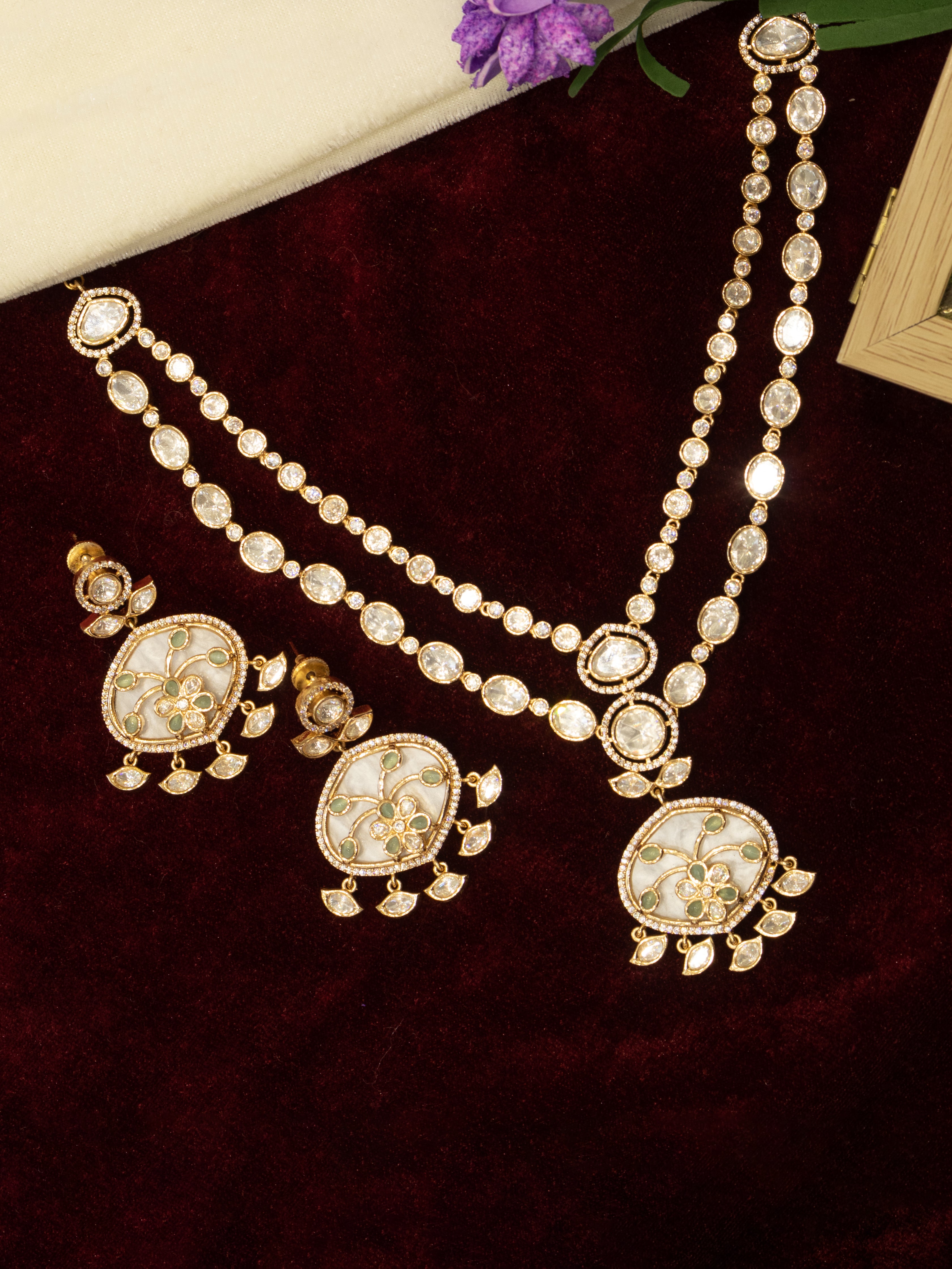 Aanura Green Meenakari Kundan Pendant Necklace Set