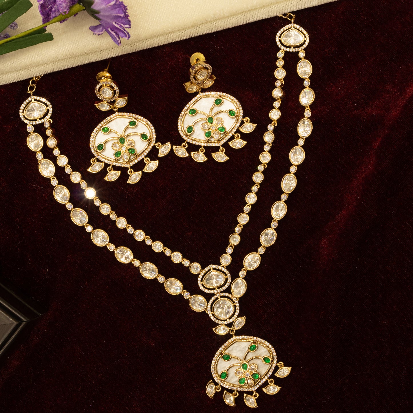 Aanura Green Meenakari Kundan Pendant Necklace Set