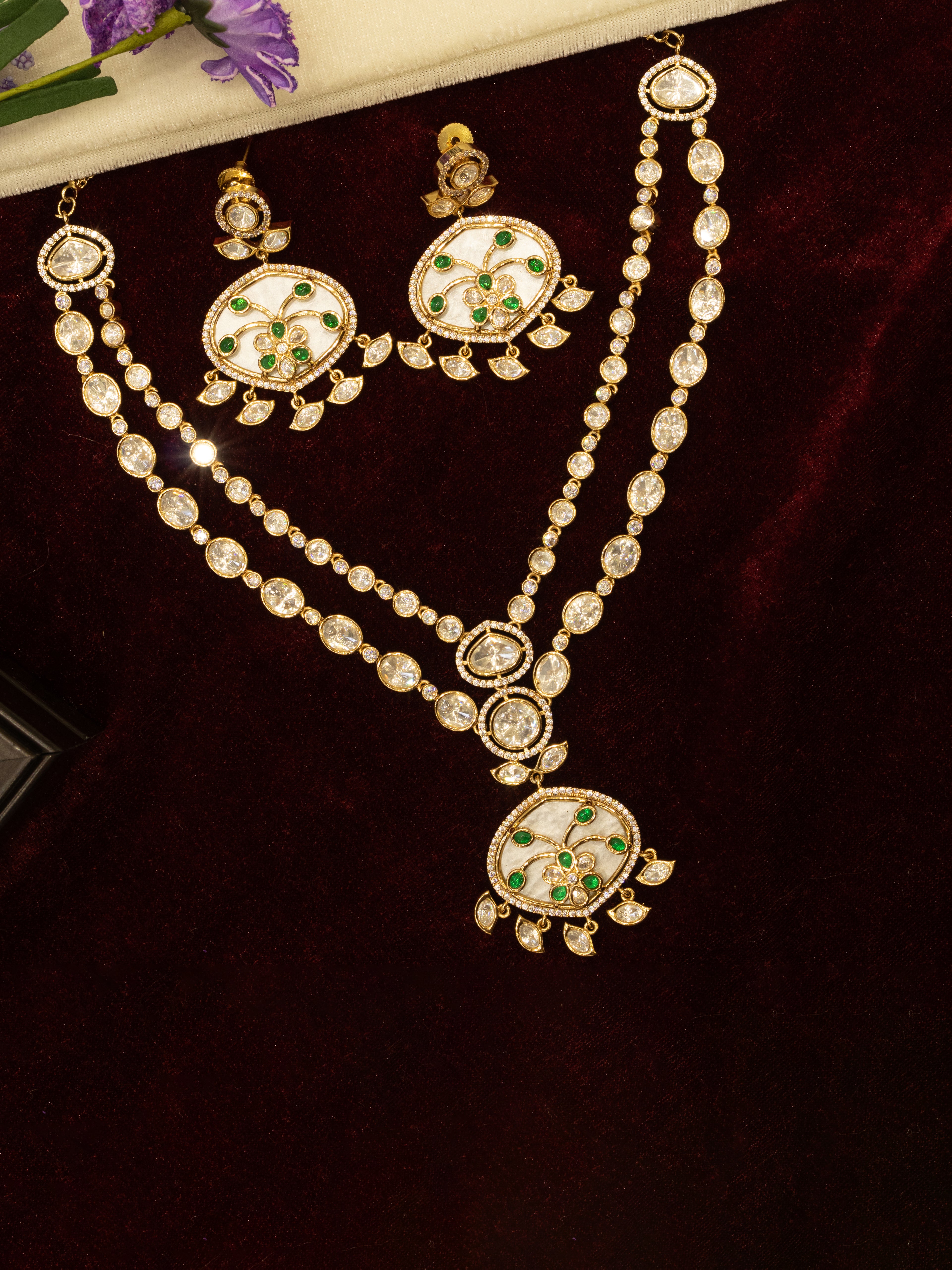 Aanura Green Meenakari Kundan Pendant Necklace Set