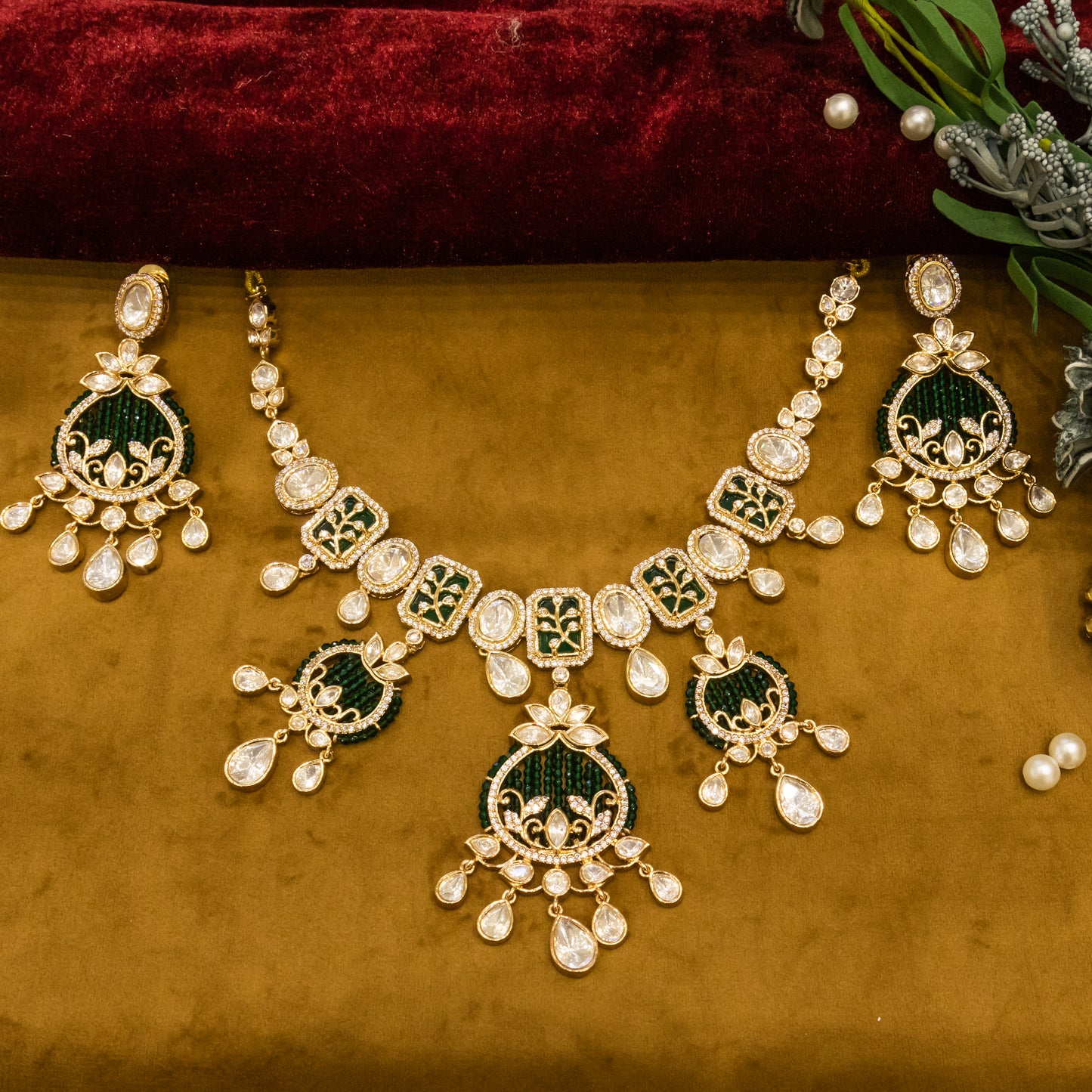 Aanura Green Beaded Kundan Necklace & Earrings Set