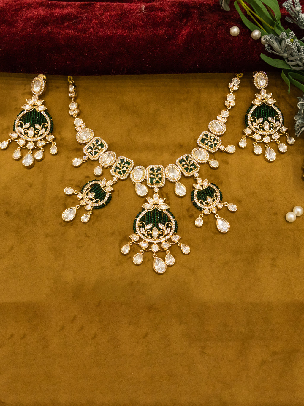 Aanura Green Beaded Kundan Necklace & Earrings Set