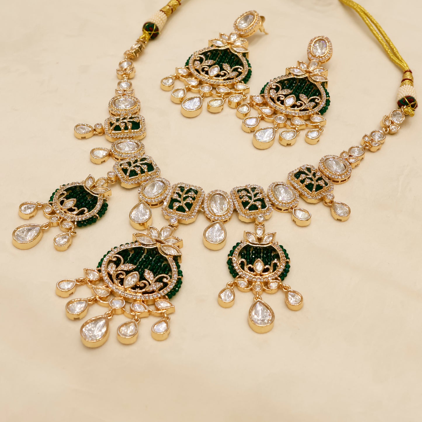 Aanura Green Beaded Kundan Necklace & Earrings Set
